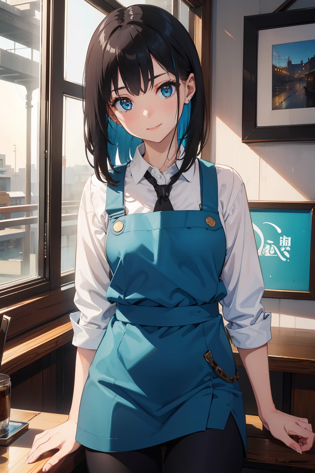 1girl in, White skin, nffsw, nffsw, 8K, Best Quality, masutepiece, Highly detailed, Ultra-fine painting, Vivid colors, Cinematic lighting, slender, Head tilt, aqua eyes, Seductive smile, Straight hair, Medium Hair, (Black hair), (Human), (coffee shop), Coffee shop owner, Black pants, Cool+, pinafore