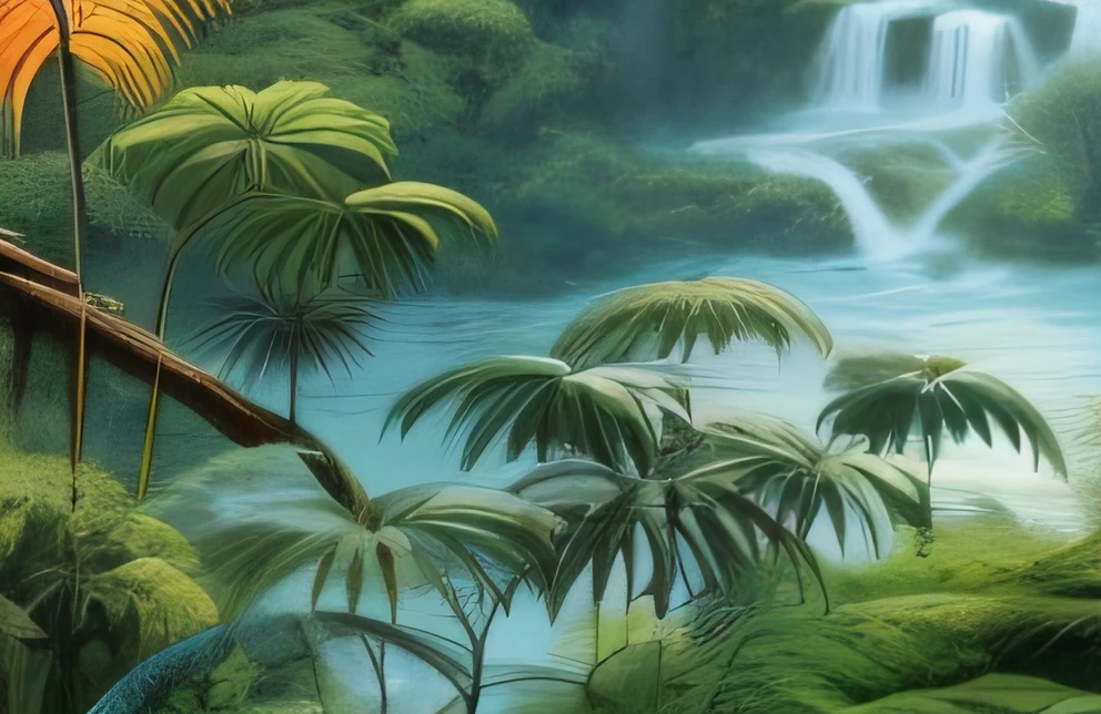 Draw tropical scenes with waterfalls and palm trees, jungle landscape, background jungle, Jungle scene, fantasy jungle, beautiful jungle, . Background: jungle river, mysterious jungle painting, tropical jungle, jungle nature, jungle backdrop, jungle as the background, Pristine jungle, tropical forest, Tropical atmosphere, Tropical landscape, the background is lush jungle, jungle setting