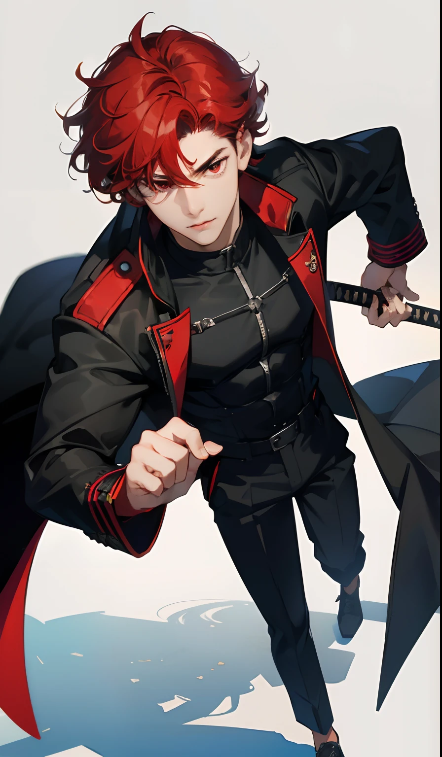 (absurd, high, extremely detailed),((masterpiece)), ((best quality:1.1)), High resolution, 8k,1 boy, (red hair, slightly curly hair, hair super short, layered hair :1.1 ), shaded face, (men's black coat with red interlaced, black top, black men's jogger pants: 1.1), , (top view: 1.1), ((red eyes)), (hand holding katana), korean style, night city