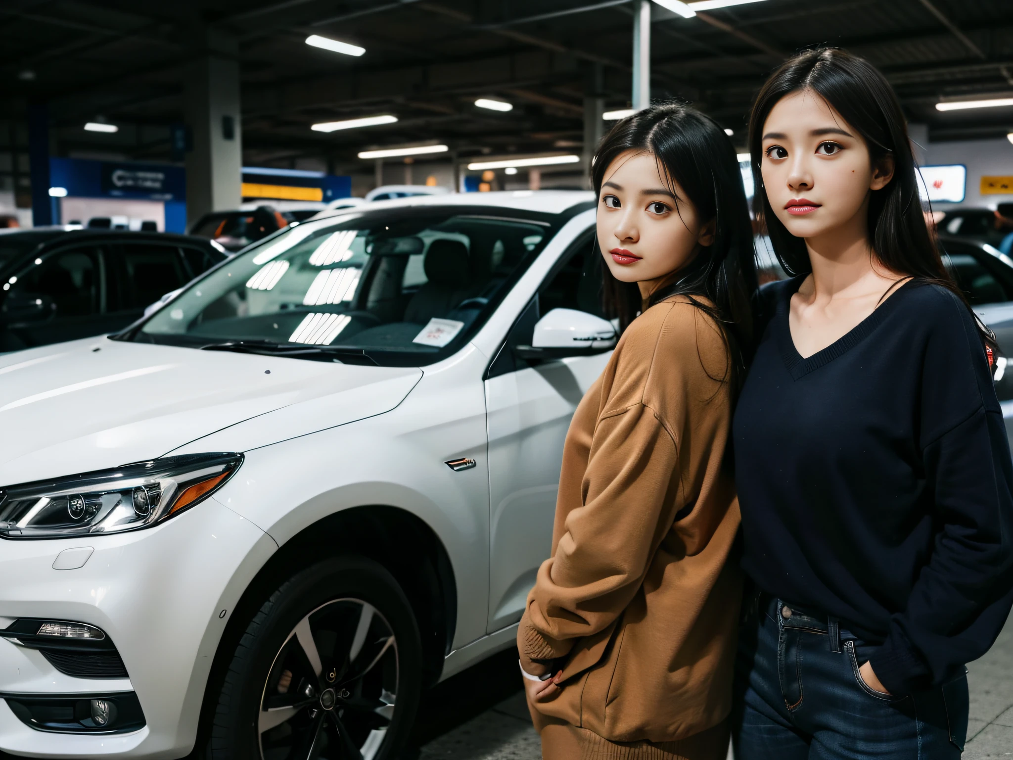 2 women wearing house clothes,Buy car supplies at auto supermarkets,sface focus,Detailed facial expressions