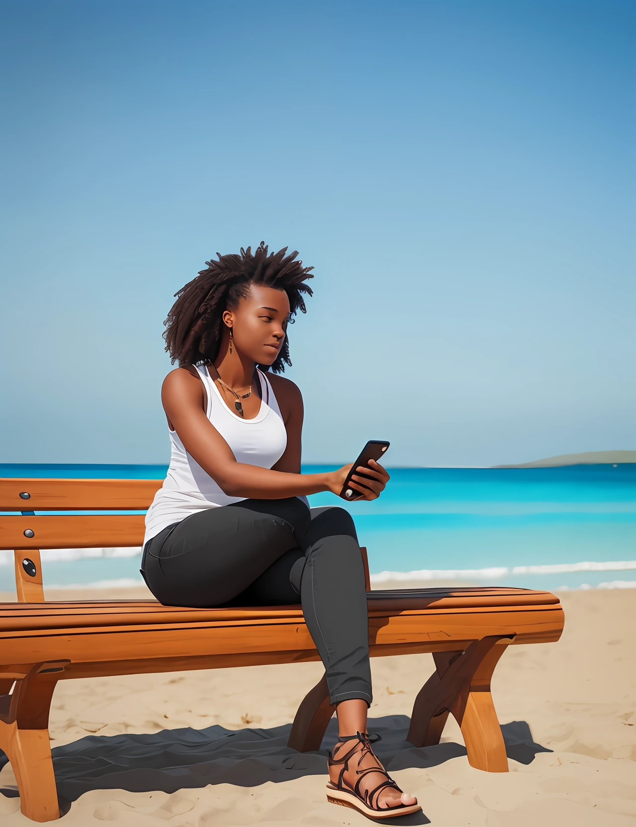 Young african american tourist woman using smartphone sitting on the bench at the beach ,jpg ,8k --auto --s2