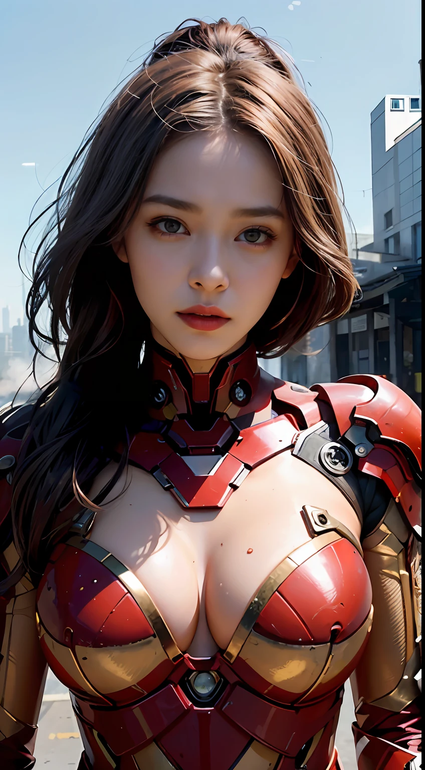 (1girll:1.3), 独奏,__Body parts__, offcial art, 统一 8k 壁纸, ultra - detailed, Beautiful and aesthetic, big breasts beautiful, tmasterpiece, Best quality at best, primitive,tmasterpiece,ultra fine photos,covered all over the body,full body armored,Mechanical armor,Iron Man armor,sportrait,cleavage,Close-up close-up,best qualtiy,超高分辨率,Photoreality,rays of sunshine,full-body portraits,stunningly beautiful,,dynamicposes,delicated face,Vibrant eyes,(seen from the side),She wears a futuristic Iron Man mech,Red and gold color scheme,Very detailed abandoned warehouse background,detailed face with,Detailed and complex busy background,Untidy,opulent,milkyW,Highly detailed skin,Realistic details of skin,Visible Pore,tack sharp focus,volume fog,8K UHD,digital SLR camera,high qulity,filmgrain,White skin of the,photo-realism,DL,Huge metropolis in a dystopia of the future , look from down, semi transparent