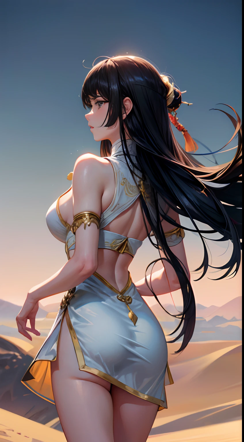 ((Masterpiece)), ((High detail)), photography of，real photograph，1 Cheongsam Girl, wearing  cheongsam，silky cheongsam，silky cheongsam，((Ultra-detailed)),((Delicate face)), Beautiful detailed eyes, (high light,Gradient hair),Long hair, Floating hair, ,hairs between eyes, GSHead,1girll ,Solo,The eye,Genshin_impact,Look at the viewer, ((Distant view)), Foot wide-angle shooting, Strong light and shadow, Cinema lenses，tmasterpiece，Super quality， A desert，on cheongsam，Silk cheongsam，18yr old，Big eyes，Long hair coiled，Sunset afterglow，entire character，cropped shoulders，show legs，Snow-white thighs，Long legs，full bodyesbian，8K，Ultra-clear resolution，Ultra-fine painting，Flat desert，Distant horizon，Vast desert，Sand，Dressed in a flowing manner、Silky traditional oriental cheongsam，Decorated with intricate patterns and bright colors，Highlights her seductive silhouette，((The background is a large flat desert)),tmasterpiece，Ultra-realistic detailed painting，Epic fantasy digital art style，Dunhuang art style，8K,wide wide shot，Diagonal composition，art of photography，（Extremely refined and beautiful），（tmasterpiece），（best qualtiy：1.0），（超A high resolution：1.0），beautiful light up，perfect lightning bolt，realistic shaded，[A high resolution]，Delicate skin，ultra - detailed，Slim figure，Long legs，Beautiful Meticulous Girl, absurderes, unbelievable Ridiculous, hugefilesize, ultra - detailed, A high resolution, The is very detailed，best qualtiy，tmasterpiece，Need,((tmasterpiece)), (A detailed),Super delicate，Epic fantasy digital art style，The girl has long flowing hair，Silk Road，Flat desert，Gobi，Vast desert，Desolate and lonely，Distant horizon，Sunset afterglow，Girl on the edge of the desert，((entire character))，((Back shadow:1.2)),hurricane，Modern clothing，Silk scarves flutter in the wind，It was very windy，Big wind，It was very windy，Photos taken with a professional photography camera，Incredibly realistic textures,(1 girl away from the camera:1.2), (super wide shot), (back), Behind the head,