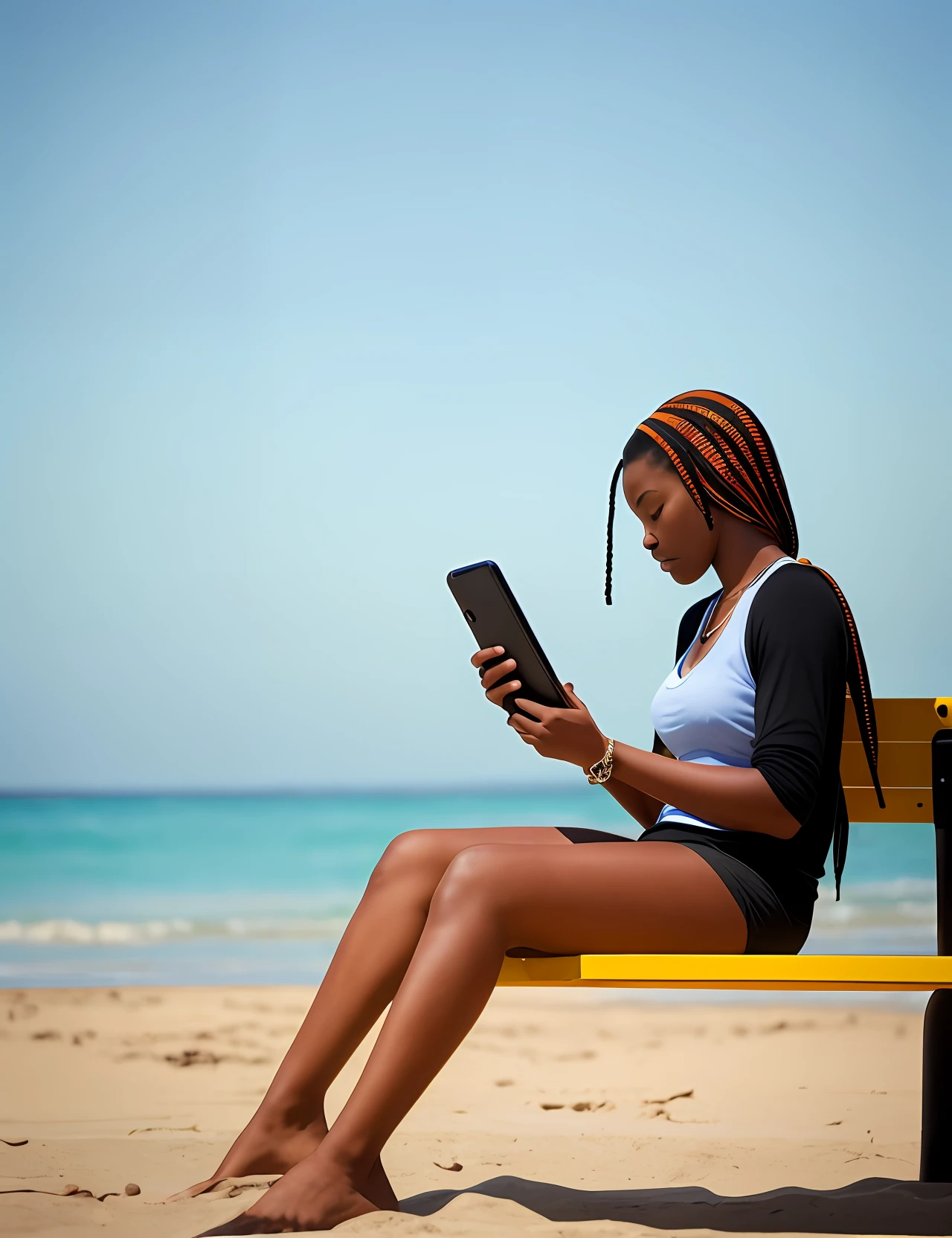 Young african american tourist woman using smartphone sitting on the bench at the beach ,jpg ,8k --auto --s2