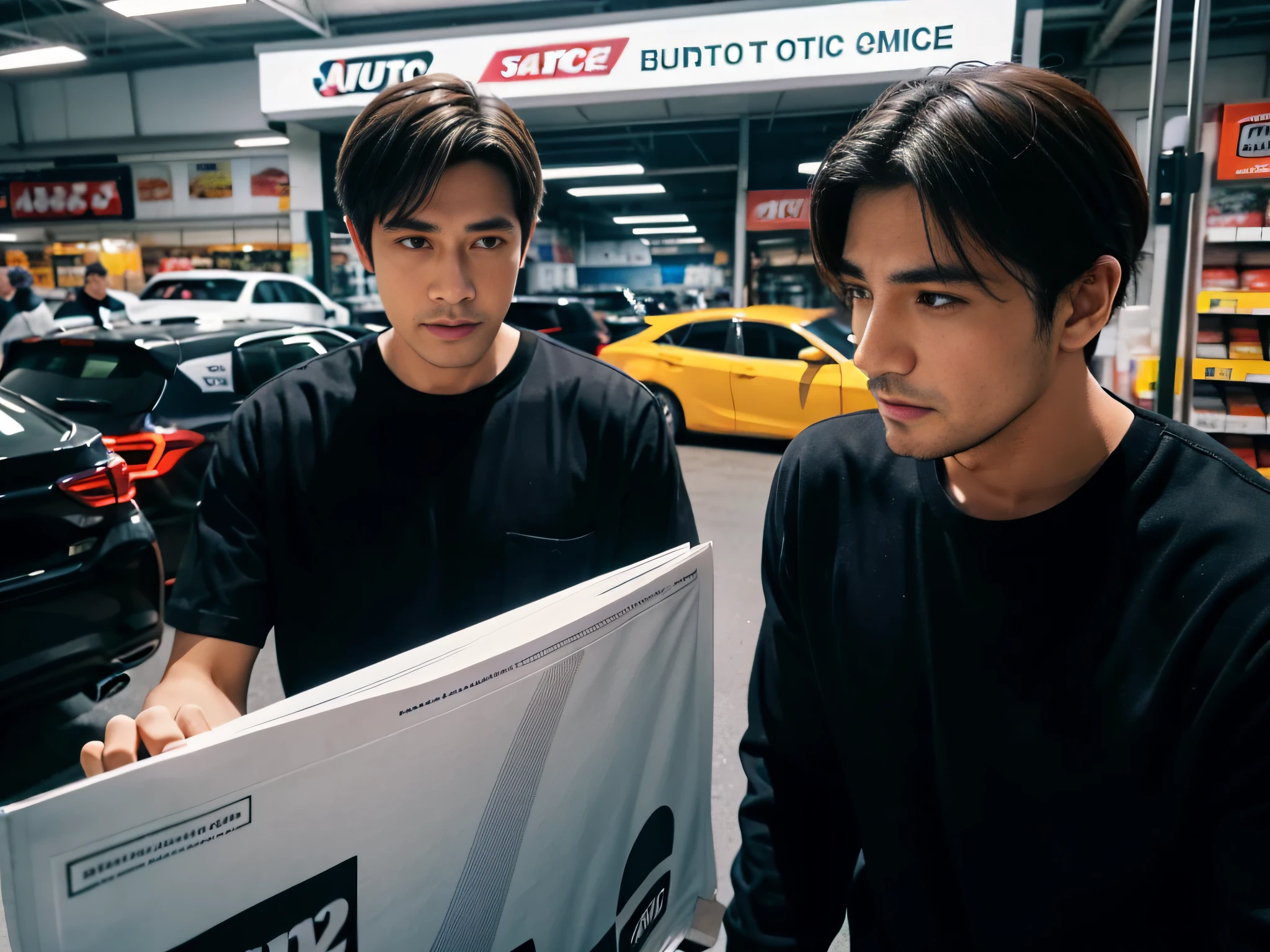 2 men,Shop for car supplies in casual wear at the auto supply supermarket,sface focus,Extreme depiction of facial detail