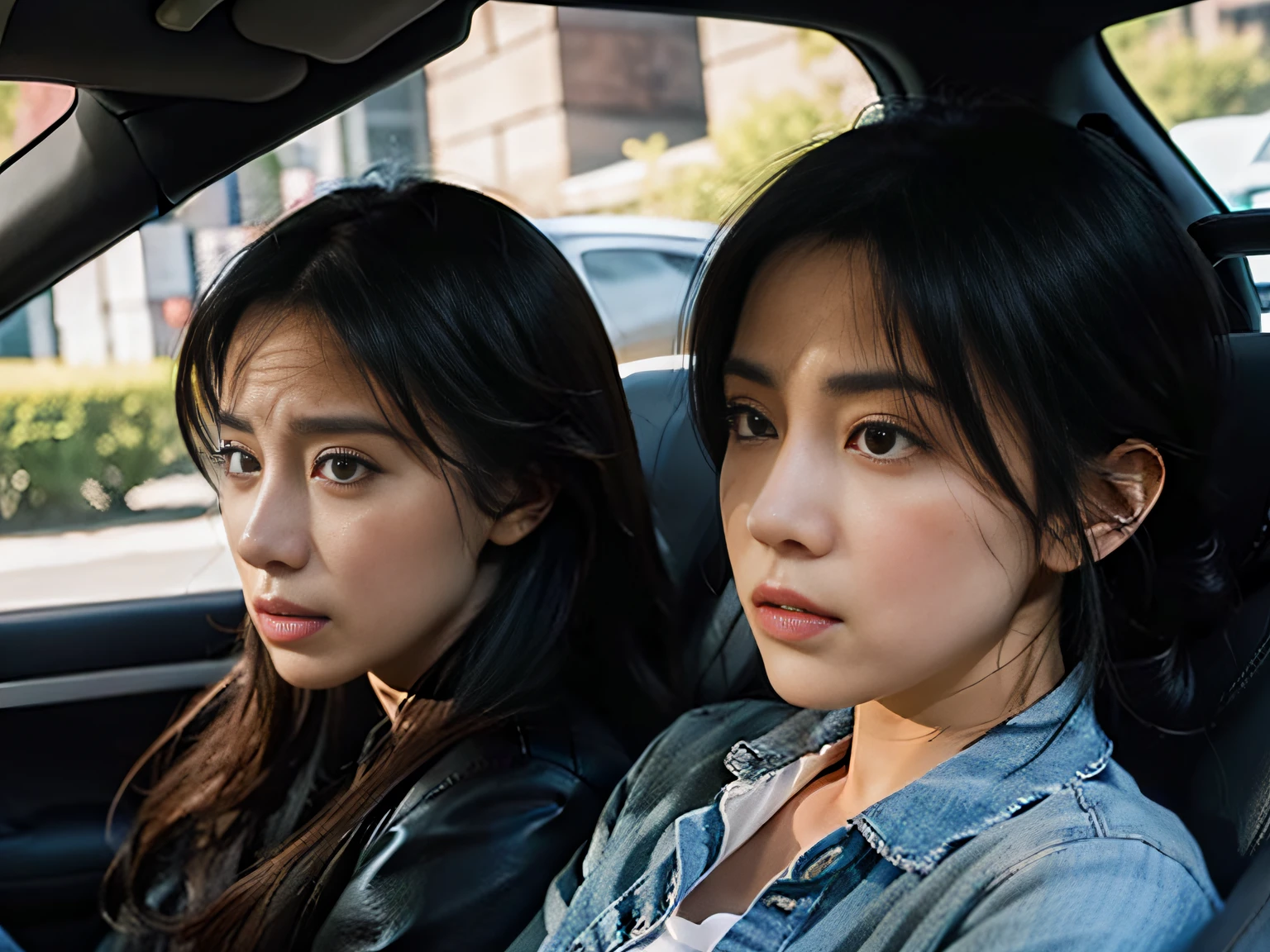 Two women sitting in the car talking,sface focus,Clear facial expressions
