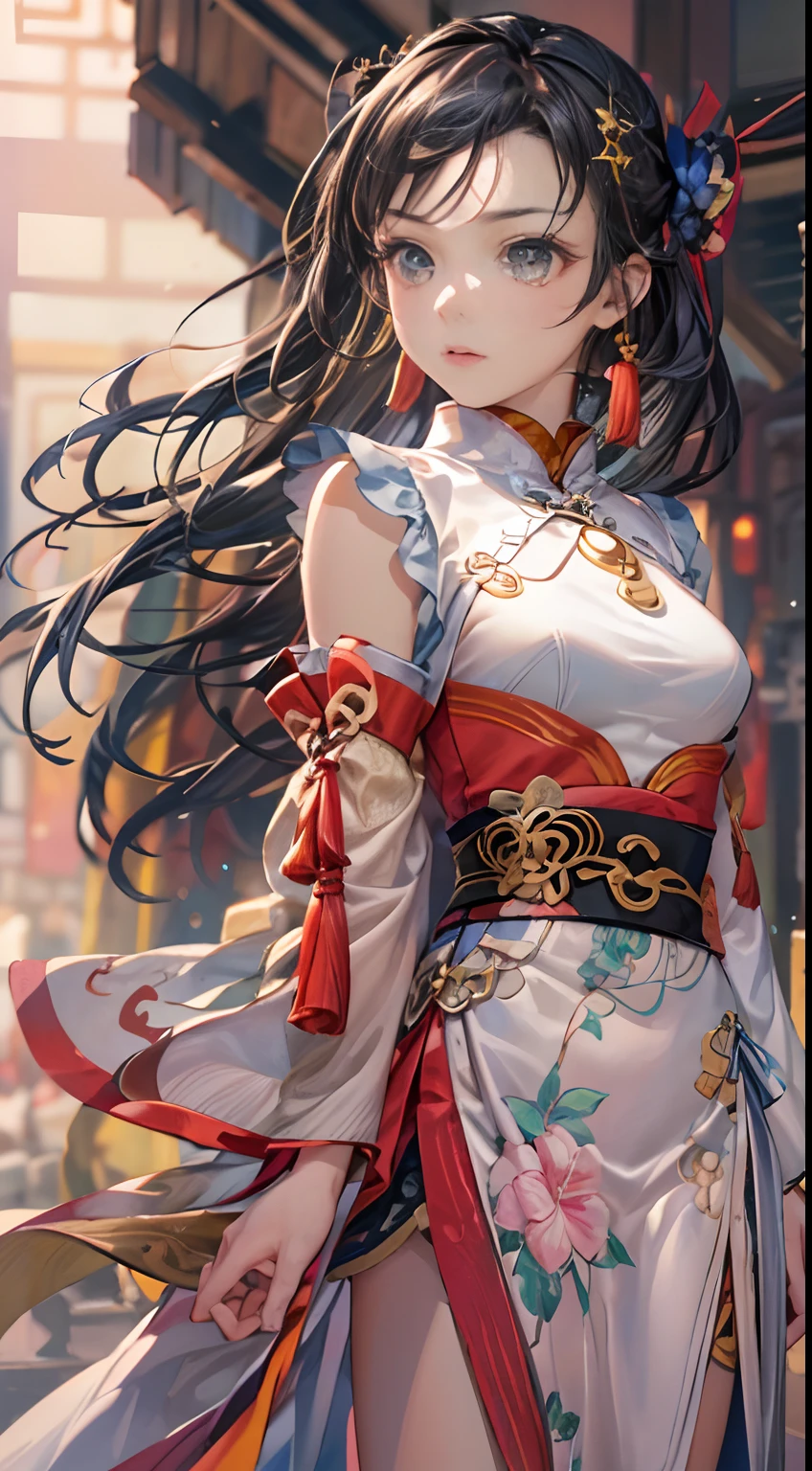 ((Masterpiece)), ((High detail)), photography of，real photograph，1 Cheongsam Girl, wearing  cheongsam，Silky cheongsam，Silky cheongsam，((Ultra-detailed)),((Delicate face)), Beautiful detailed eyes, (high light,Gradient hair),Long hair, Floating hair, ,hairs between eyes, GSHead,1girll ,Solo,The eye,Genshin_impact,Look at the viewer, ((Distant view)), Foot wide-angle shooting, Strong light and shadow, Cinema lenses，tmasterpiece，Super quality， A desert，on cheongsam，Silk cheongsam，18yr old，Big eyes，Long hair coiled，Sunset afterglow，entire character，cropped shoulders，show legs，Snow-white thighs，Long legs，full bodyesbian，8K，Ultra-clear resolution，Ultra-fine painting，Flat desert，Distant horizon，Vast desert，Sand，Dressed in a flowing manner、Silky traditional oriental cheongsam，Decorated with intricate patterns and bright colors，Highlights her seductive silhouette，((The background is a large flat desert)),tmasterpiece，Ultra-realistic detailed painting，Epic fantasy digital art style，Dunhuang art style，8K,wide wide shot，Diagonal composition，art of photography，（Extremely refined and beautiful），（tmasterpiece），（best qualtiy：1.0），（超A high resolution：1.0），beautiful light up，perfect lightning bolt，realistic shaded，[A high resolution]，Delicate skin，ultra - detailed，Slim figure，Long legs，Beautiful Meticulous Girl, absurderes, unbelievable Ridiculous, hugefilesize, ultra - detailed, A high resolution, The is very detailed，best qualtiy，tmasterpiece，Need,((tmasterpiece)), (A detailed),Super delicate，Epic fantasy digital art style，The girl has long flowing hair，Silk Road，Flat desert，Gobi，Vast desert，Desolate and lonely，Distant horizon，Sunset afterglow，Girl on the edge of the desert，((entire character))，((Back shadow:1.2)),hurricane，The scarf is attached to the body，Modern clothing，Silk scarves flutter in the wind，It was very windy，Big wind，It was very windy，Photos taken with a professional photography camera，Incredibly realistic textures,(1 girl away from the camera:1.2), (super wide shot)