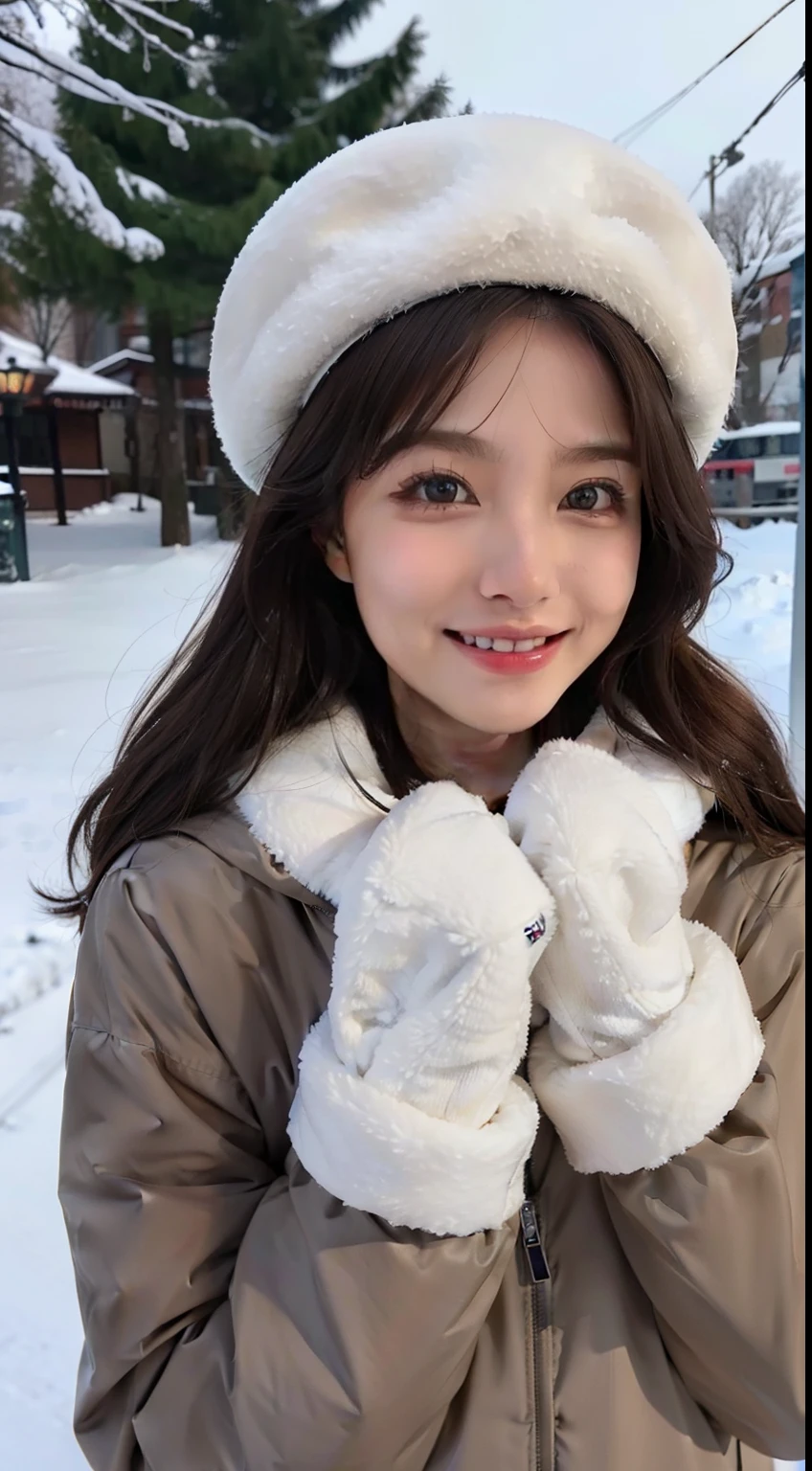 （（top-quality，8K，tmasterpiece：1.3）），cute women，1个Giant Breast Girl，，dark brown  hair，down jacket，Super detailed face，Detailed lips，Detailed eyes，二重まぶた，（：1.2）in snow，Underwear snow，grin，wearing a cute hat，围巾，mitts