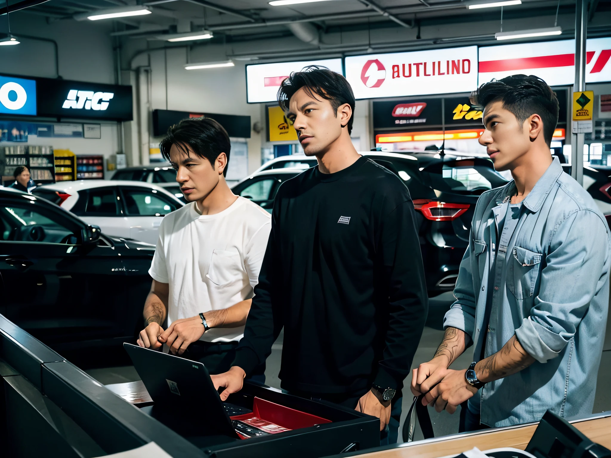 2 men,Shop for car supplies in casual wear at the auto supply supermarket,sface focus,Extreme depiction of facial detail
