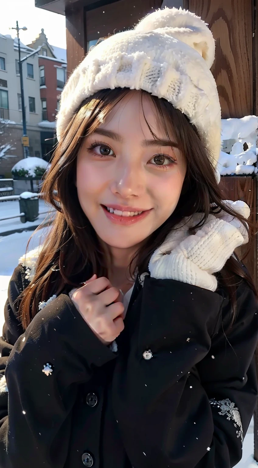 ((top-quality,8K,tmasterpiece:1.3)),cute women,1个Giant Breast Girl,,dark brown hair,down jacket,Super detailed face,Detailed lips,Detailed eyes,二重まぶた,(:1.2)in snow,Underwear snow,grin,wearing a cute hat,围巾,mitts
