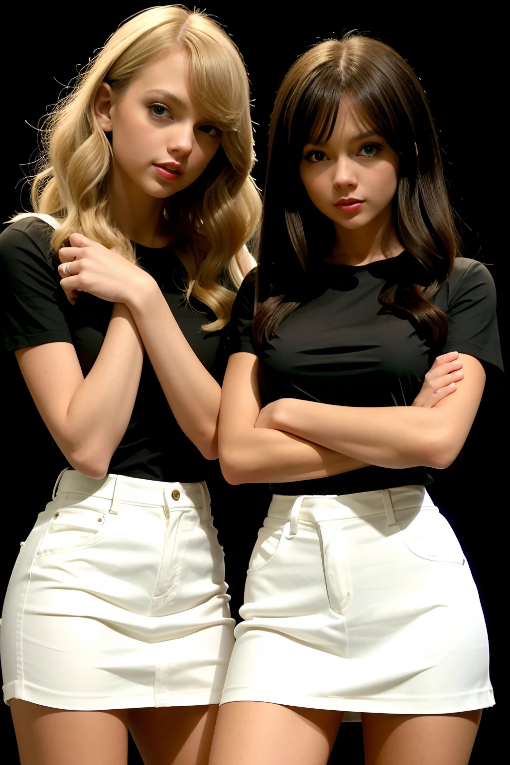 two women in tight white shirts and black micro skirts posing for a picture, one blonde Taylor Swift and one brunette Olivia Rodrigo, wearing tight simple clothes, two girls, tight shirt