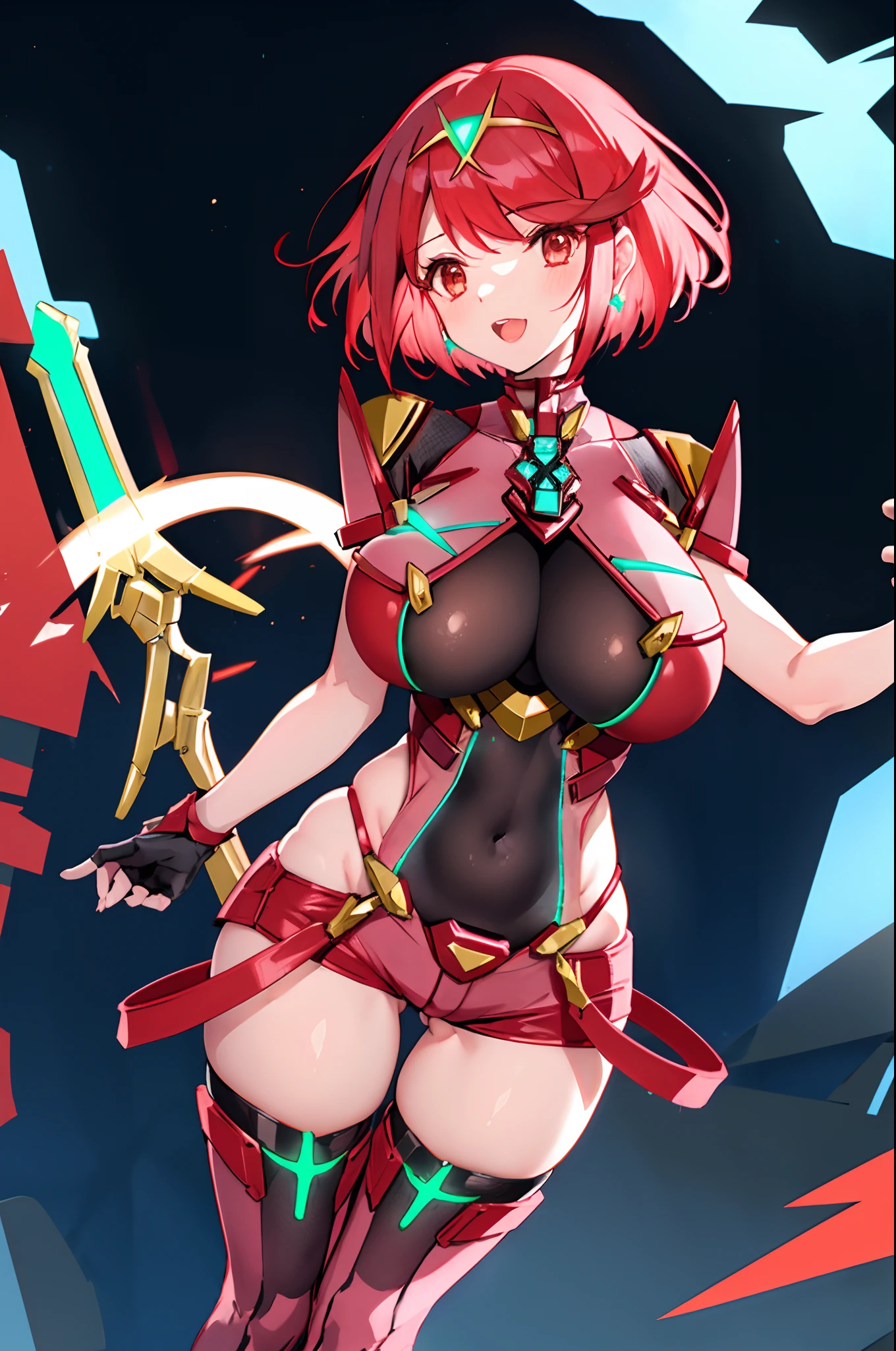 pyra \(xenoblade\), _1girl, armor, bangs, black gloves, breasts, red eyes, closed mouth, earrings, eyelashes, fingerless gloves, floating hair, framed breasts, gem, gloves, hair ornament, headpiece, jewelry, big_breasts, leaning back, leotard, neon trim, official art, pose, red hair, red shorts, saitou masatsugu, short hair, short shorts, short sleeves, shorts, sidelocks, skin tight, solo, standing, swept bangs, thighhighs, tiara, night_prairie_background, turtleneck, underbust, vambraces, xenoblade chronicles \(series\), (xenoblade chronicles 2), apart_legs, fire_effect,dynamic_pose_fighting,light_smile, (plump:1.1), big_ass,huge_sword, hold_large_sword_hilt, solo, covered_nipples, covered_pussy,open_mouth,back_view,