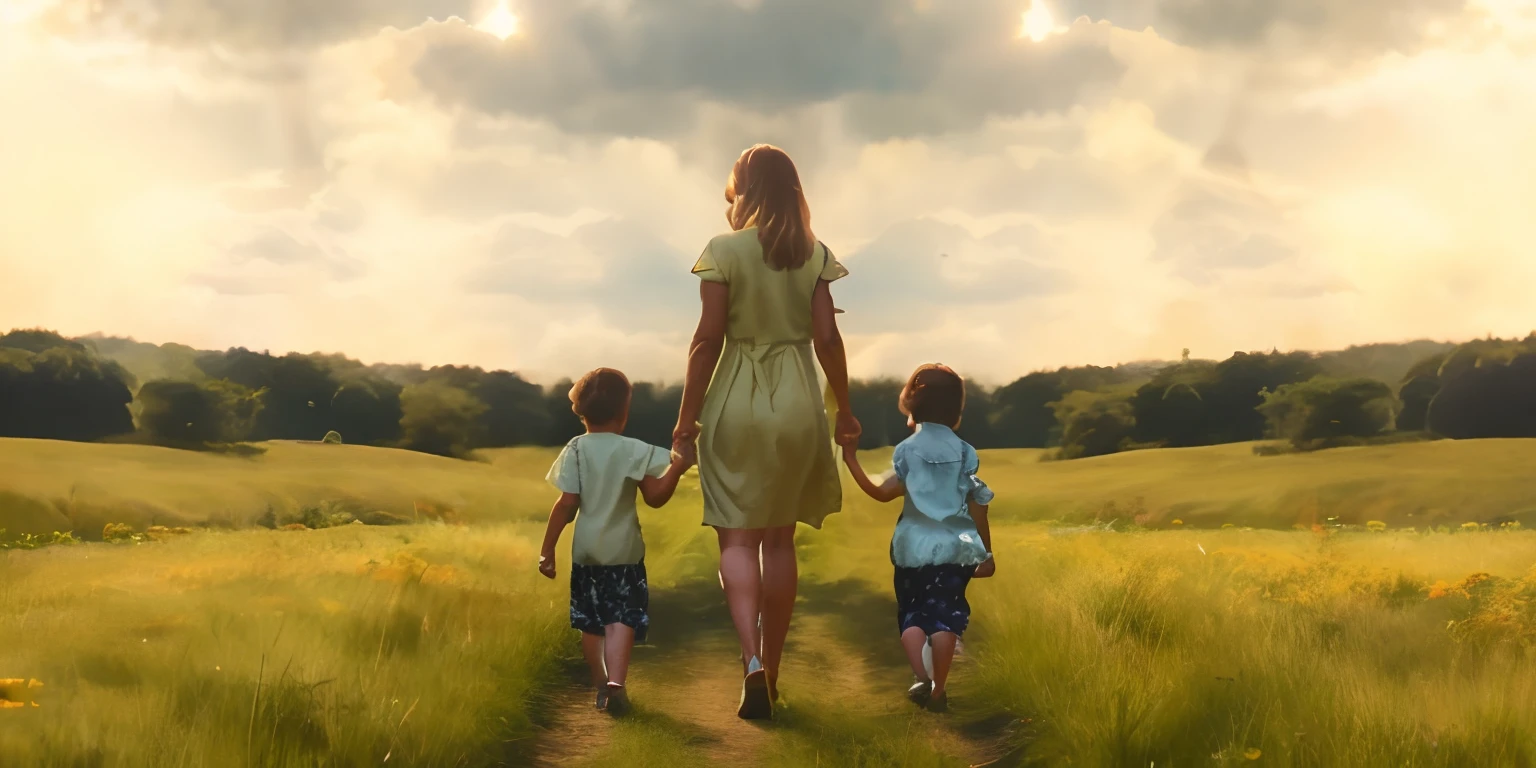 A woman and two children are walking along the path, warm and joyful atmosphere, Shutterstock, Summer afternoon, Walking confidently, at sunset, sunny afternoon, Afternoon sun, The Morning Golden Hour, dramatic warm morning light, summer morning light, Summer light, summer evening, On a sunny day, evening light, afternoon sunlight, sunny day time