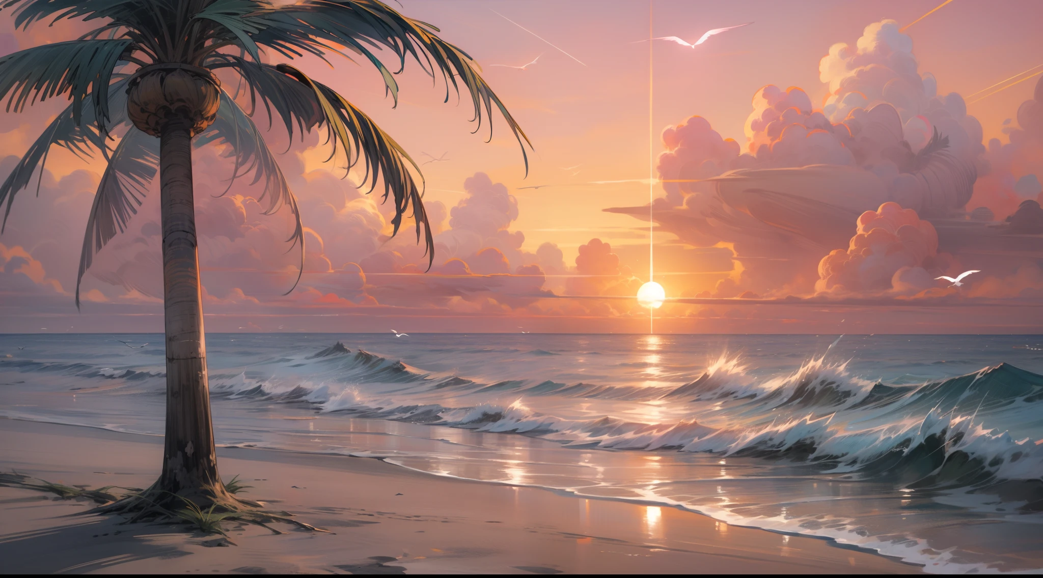 An absolutely mesmerizing sunset on the beach with a mix of orange, pink and yellow in the sky. The water is crystal clear, gently kissing the shore, and the white sand beach stretches as far as the eye can see. The scene is dynamic and breathtaking, with seagulls soaring high in the sky and palm trees gently swaying. Soak up the calm atmosphere and let the tranquility envelope.