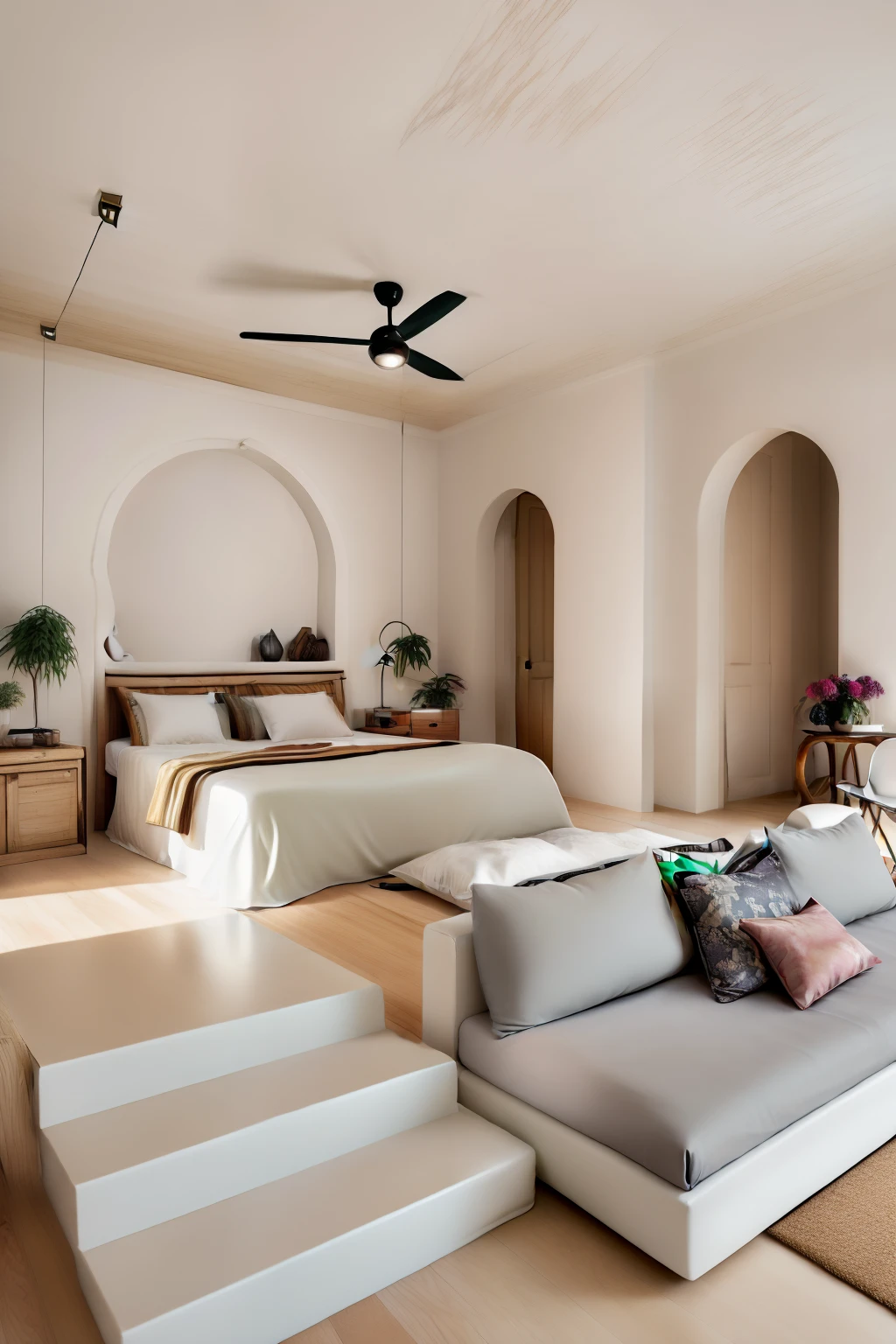 There is a large bed sitting in a bedroom with a sofa, Estilo sereno e tranquilo, ambiente sereno do quarto, areia - paredes coloridas, dentro de um quarto, dreamy ethereal vibe, inspirado em Riad Beyrouti, ambiente sublime e reconfortante, comfortable environment, ambiente acolhedor e tranquilo, esquema de cores creme e branco, Atmosfera bege e escura, creme - quarto colorido