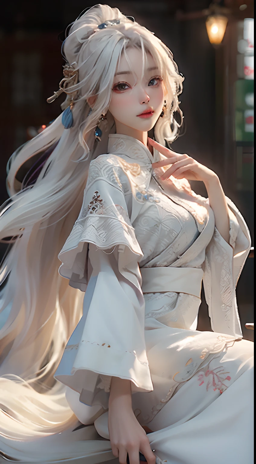 (filigree,Sharp images,Hyper-Resolution,Extremely amazing detail,awe-inspiring detail),sub surface scattering,tmasterpiece,best qualtiy,high qulity,(1girll:1.2),独奏,Off-white hair,Big black and gray eyes,apathy,flowing white long skirt,Chinese Hanfu,Fairy