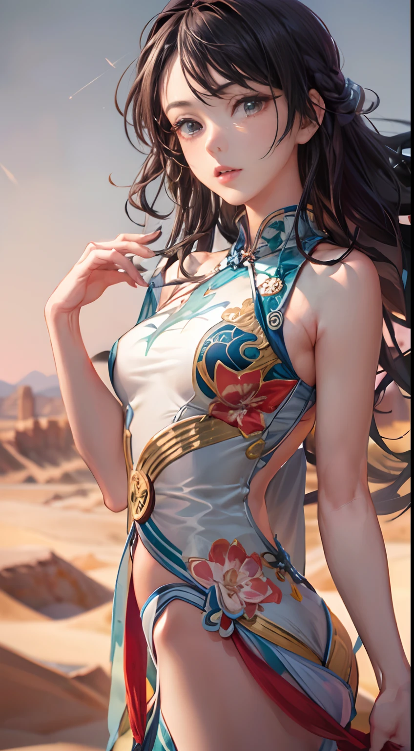 ((Masterpiece)), ((High detail)), photography of，real photograph，1 Cheongsam Girl, wearing  cheongsam，Silky cheongsam，Silky cheongsam，((Ultra-detailed)),((Delicate face)), Beautiful detailed eyes, (high light,Gradient hair),Long hair, Floating hair, ,hairs between eyes, GSHead,1girll ,Solo,The eye,Genshin_impact,Look at the viewer, ((Distant view)), Foot wide-angle shooting, Strong light and shadow, Cinema lenses，tmasterpiece，Super quality， A desert，on cheongsam，Silk cheongsam，18yr old，Big eyes，Long hair coiled，Sunset afterglow，entire character，cropped shoulders，show legs，Snow-white thighs，Long legs，full bodyesbian，8K，Ultra-clear resolution，Ultra-fine painting，Flat desert，Distant horizon，Vast desert，Sand，Dressed in a flowing manner、Silky traditional oriental cheongsam，Decorated with intricate patterns and bright colors，Highlights her seductive silhouette，((The background is a large flat desert)),tmasterpiece，Ultra-realistic detailed painting，Epic fantasy digital art style，Dunhuang art style，8K,wide wide shot，Diagonal composition，art of photography，（Extremely refined and beautiful），（tmasterpiece），（best qualtiy：1.0），（超A high resolution：1.0），beautiful light up，perfect lightning bolt，realistic shaded，[A high resolution]，Delicate skin，ultra - detailed，Slim figure，Long legs，Beautiful Meticulous Girl, absurderes, unbelievable Ridiculous, hugefilesize, ultra - detailed, A high resolution, The is very detailed，best qualtiy，tmasterpiece，Need,((tmasterpiece)), (A detailed),Super delicate，Epic fantasy digital art style，The girl has long flowing hair，Silk Road，Flat desert，Gobi，Vast desert，Desolate and lonely，Distant horizon，Sunset afterglow，Girl on the edge of the desert，((entire character))，((Back shadow:1.2)),hurricane，The scarf is attached to the body，Modern clothing，Silk scarves flutter in the wind，It was very windy，Big wind，It was very windy，Photos taken with a professional photography camera，Incredibly realistic textures,(1 girl away from the camera:1.2), (super wide shot)