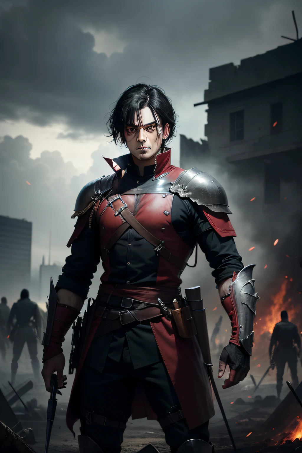 a man with black hair and red eyes, stands in the midst of a battlefield strewn with lifeless bodies, sorrowfull face