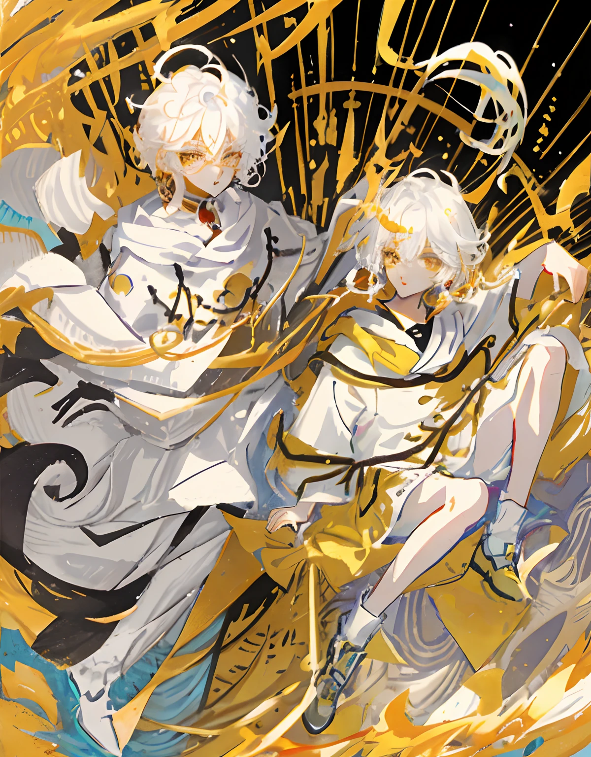 White-haired and golden-eyed male anime character,Drawn in 2D anime style,Use colorful sketches and flat anime-style shadows。He is a young anime character,Golden eyes sparkle。The pictures mainly present portraits in the style of anime,Emphasis on facial features and youthful appearance。He wears period costume,Wear one-sided earrings。Spawn in an anime artist studio。Half-body diagram,quadratic element,shoun,One guy,white color hair,schoolboy