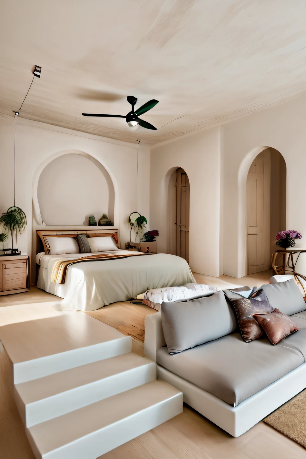 There is a large bed sitting in a bedroom with a sofa, Estilo sereno e tranquilo, ambiente sereno do quarto, areia - paredes coloridas, dentro de um quarto, dreamy ethereal vibe, inspirado em Riad Beyrouti, ambiente sublime e reconfortante, comfortable environment, ambiente acolhedor e tranquilo, esquema de cores creme e branco, Atmosfera bege e escura, creme - quarto colorido