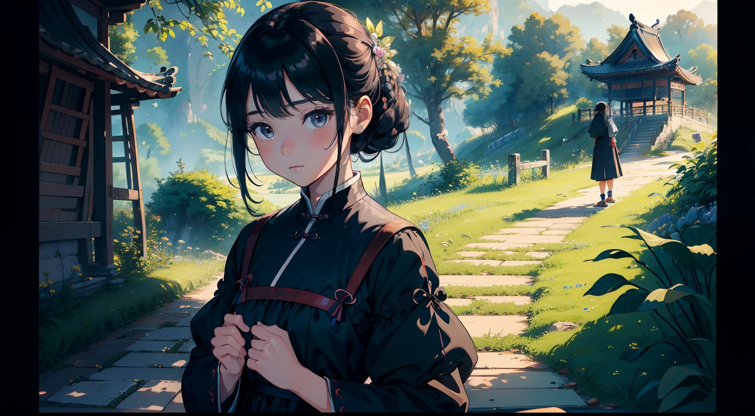 Best quality ,Masterpiece, illustration, An extremely delicate and beautiful, Extremely detailed ,CG ,Unity ,8K wallpaper, Amazing, finedetail, Masterpiece,Best quality,offcial art,Extremely detailed Cg Unity 8K wallpaper,Rural China,(Three -yeld gi,Black color hair,dual horsetail,Blue clothes),Upper body display,Three girls