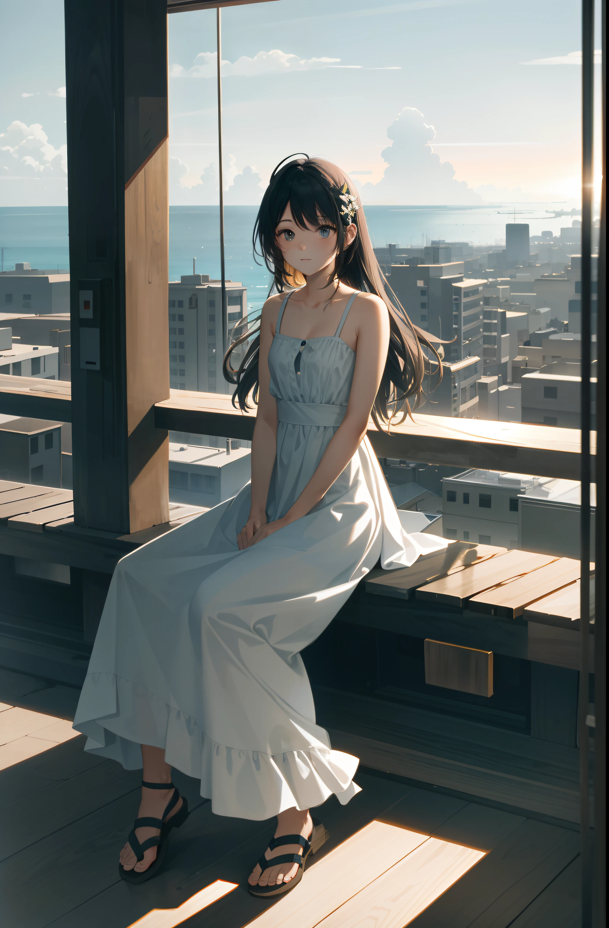 abstract colors, texture, film grain, skin pores, dusty atmospheric haze, vignetting, wrinkles:0.2 intricate hasselblad dslr RAW full-body dramatic portrait photo of a beautiful girl with long (windblown)1.2 hair wearing a sundress, sitting on a ledge overlooking a (scifi solarpunk)1.2 city skyline, dangling legs, foggy morning, (backlit)1.2, (film grain)1.2, coastal atolls