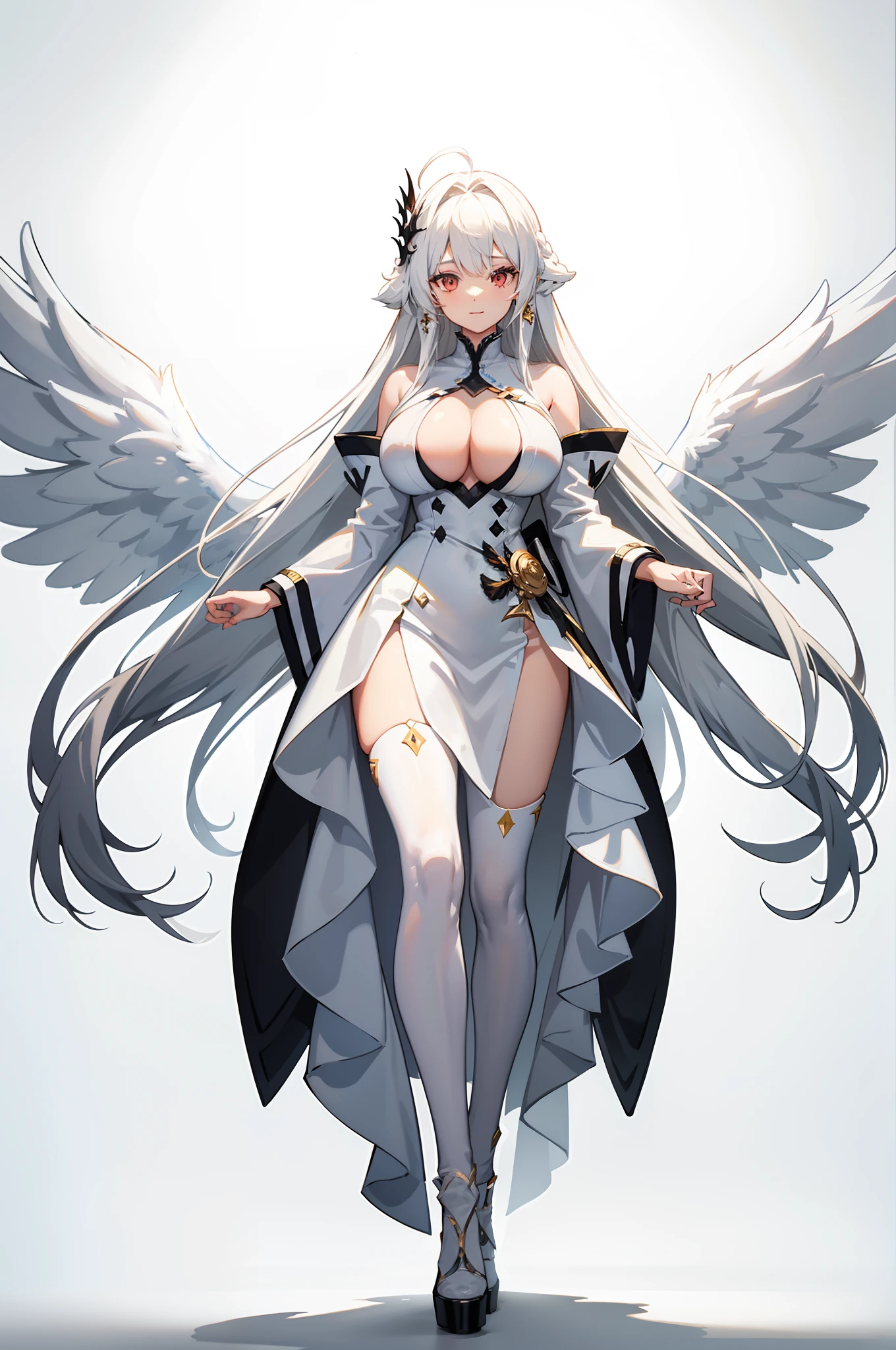 long white robe, White color hair, White gloves, white long boots, (((Four pairs of huge white wings))), white backgrounid, White hair, ahoge, Long hair, hair between eye, Very long hair, Shiny hair, hair splayed out, Absurdly long hair, huge ahoge, Halo, clover hair ornament, red color eyes，Crystal earrings, Light smile, High detail, anime big breast, Minimalism, Anime style, Verism, Chiaroscuro, Depth of field, Cinematic lighting, Ray tracing, shadowing, Vignetting, hyper HD, Masterpiece, ccurate, Anatomically correct, Textured skin, Super detail, High details, High quality, Award-Awarded, Best quality, A high resolution, 16k，Full body like，Standing painting