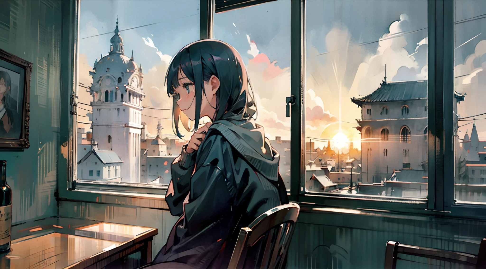 crying girl, sad atmosphere, sitting beside a window, sunset, looking outside the window, buildings