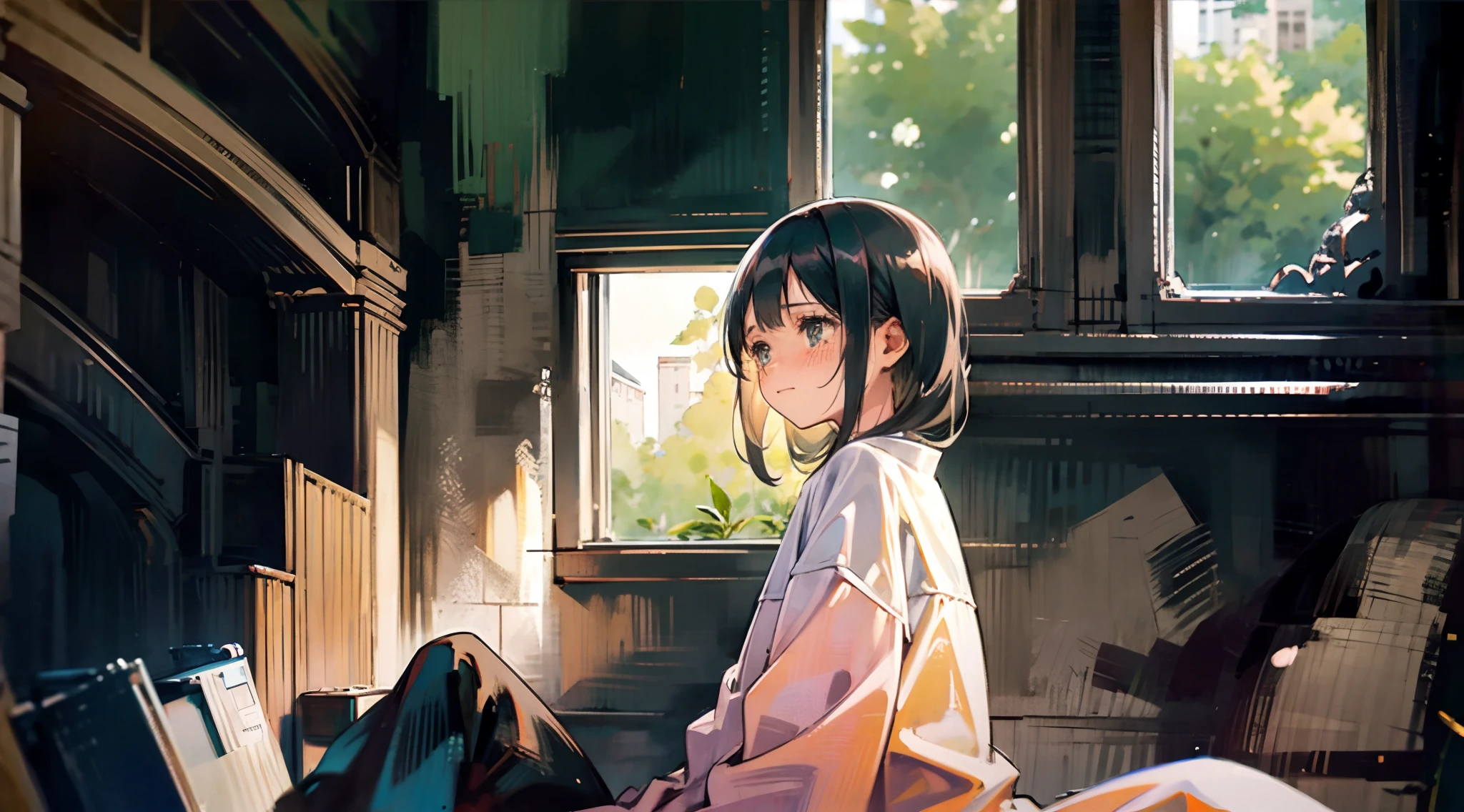 crying girl, sad atmosphere, sitting beside a window, sunset, looking outside the window, buildings