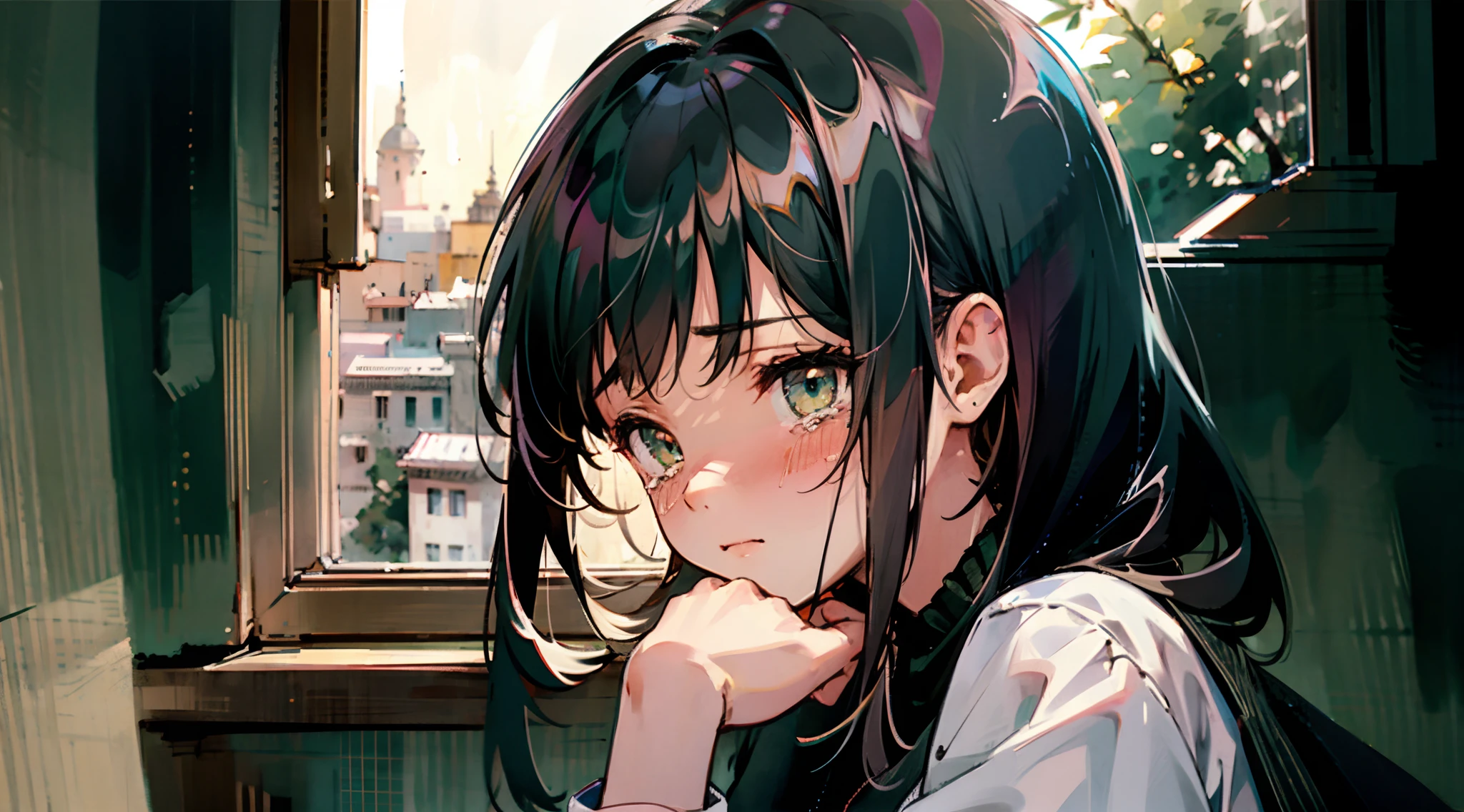 crying girl, sad atmosphere, sitting beside a window, sunset, looking outside the window, buildings