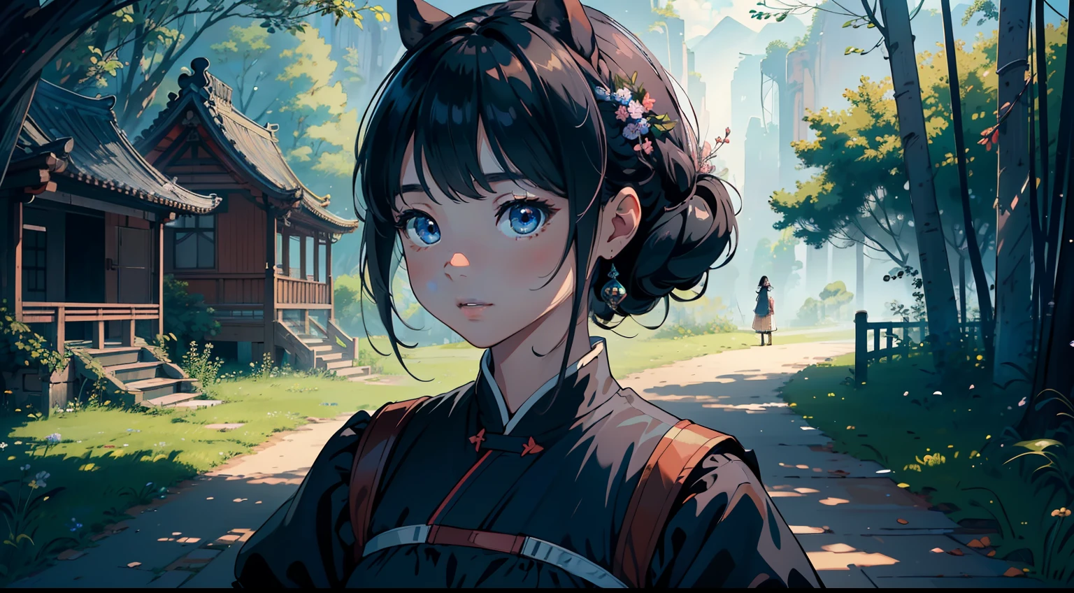 Best quality ,Masterpiece, illustration, An extremely delicate and beautiful, Extremely detailed ,CG ,Unity ,8K wallpaper, Amazing, finedetail, Masterpiece,Best quality,offcial art,Extremely detailed Cg Unity 8K wallpaper，Rural China，(Three -yeld gi，Black color hair，dual horsetail，Blue clothes)，Upper body display，Three girls