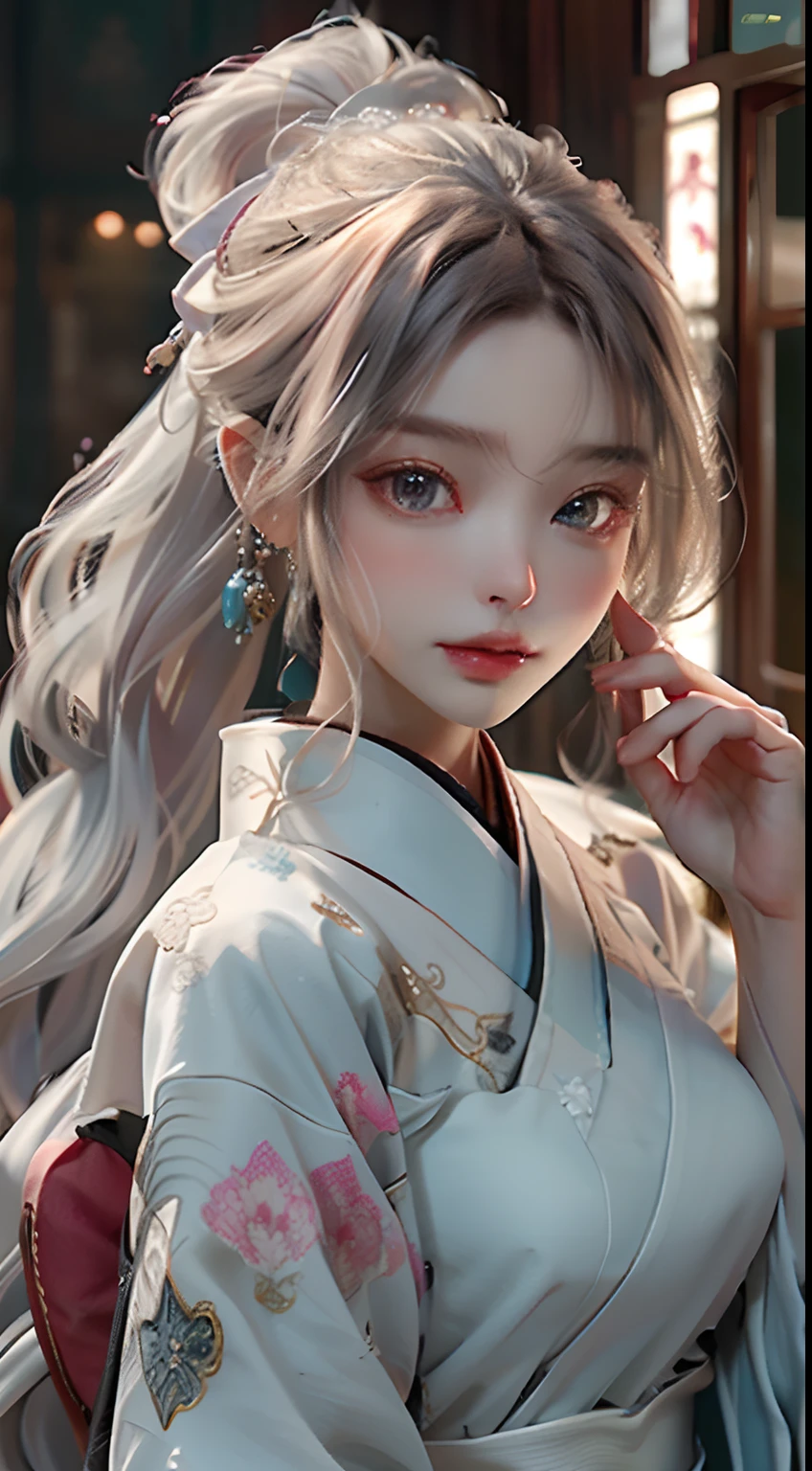 (filigree,Sharp images,Hyper-Resolution,Extremely amazing detail,awe-inspiring detail),sub surface scattering,Optimal proportions of fingers,tmasterpiece,best qualtiy,high qulity,(1girll:1.2),独奏,Off-white hair,Big black and gray eyes,apathy,flowing white long skirt,Chinese Hanfu,Fairy