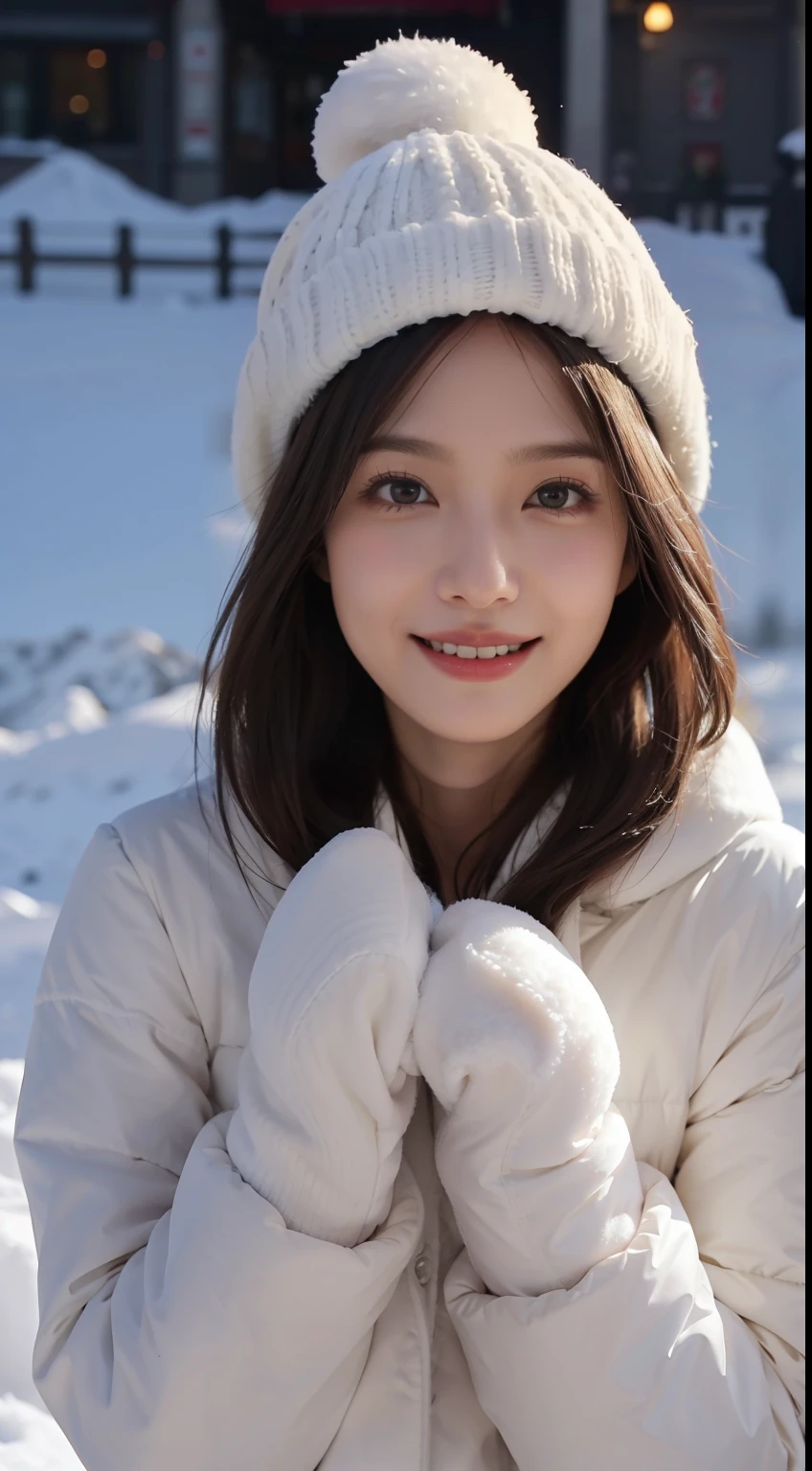 ((top-quality,8K,tmasterpiece:1.3)),cute women,1个Giant Breast Girl,,dark brown hair,down jacket,Super detailed face,Detailed lips,Detailed eyes,二重まぶた,(:1.2)in snow,Underwear snow,grin,wearing a cute hat,围巾,mitts