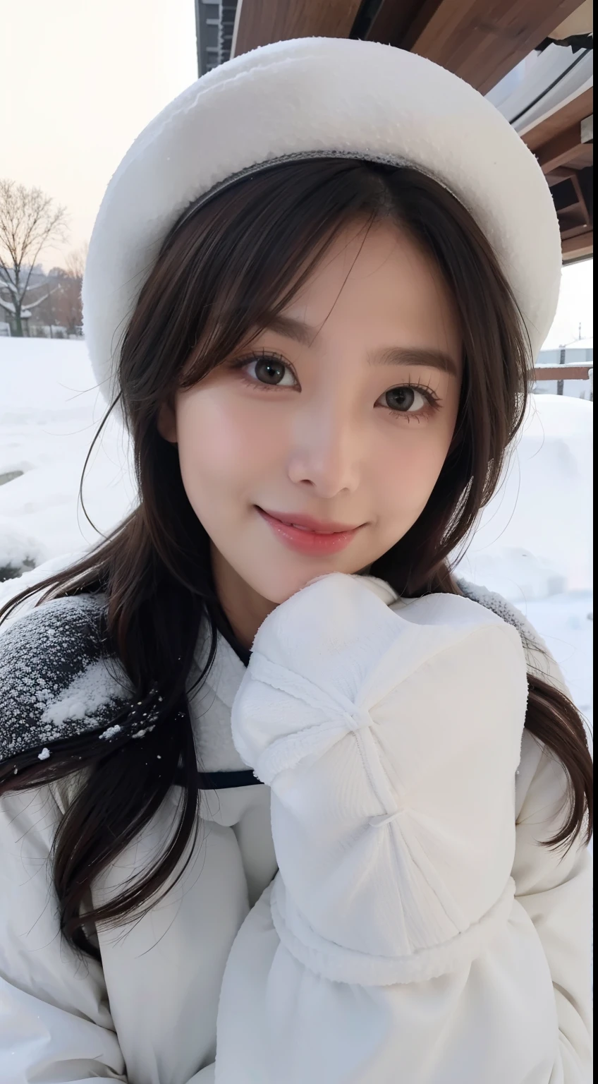 （（top-quality，8K，tmasterpiece：1.3）），cute women，1个Giant Breast Girl，，dark brown  hair，down jacket，Super detailed face，Detailed lips，Detailed eyes，二重まぶた，（：1.2）in snow，Underwear snow，grin，wearing a cute hat，围巾，mitts