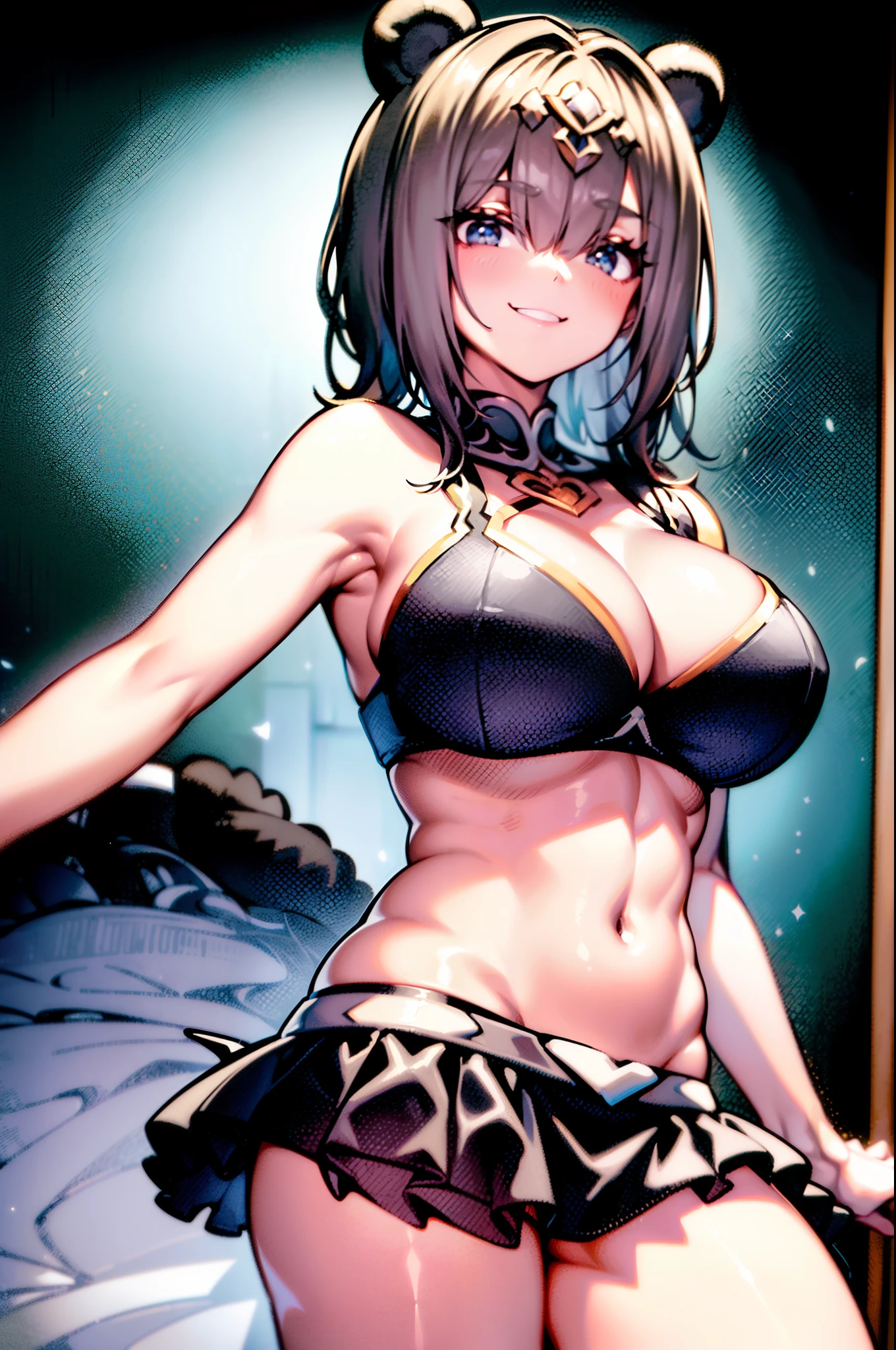 "(Mujer, Feater, pose imponente, sonrisa alegre, grandes muslos, granes senos, atuendo blanco y negro, fondo oscuro, negro de estrellas, orejas de panda)"