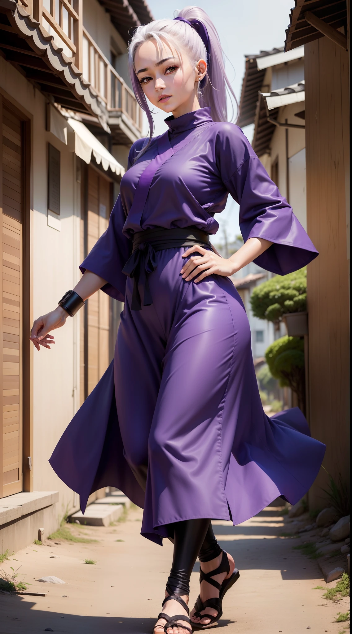27 anos de idade, madura, Ino Yamanaka, roupas ninjas na cor roxo escuro, aldeia da folha no fundo, folhas voando, Expression ligerirally happy, felicidade