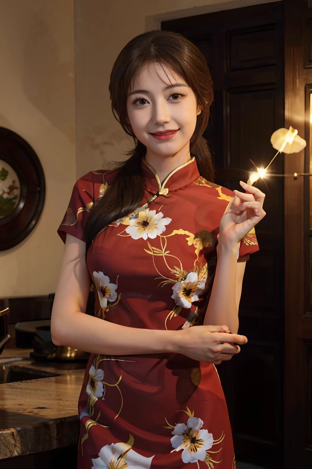 best quality, masterwork, solo, 1 girl, long hair, light smile, brown eyes, mature female, china dress
