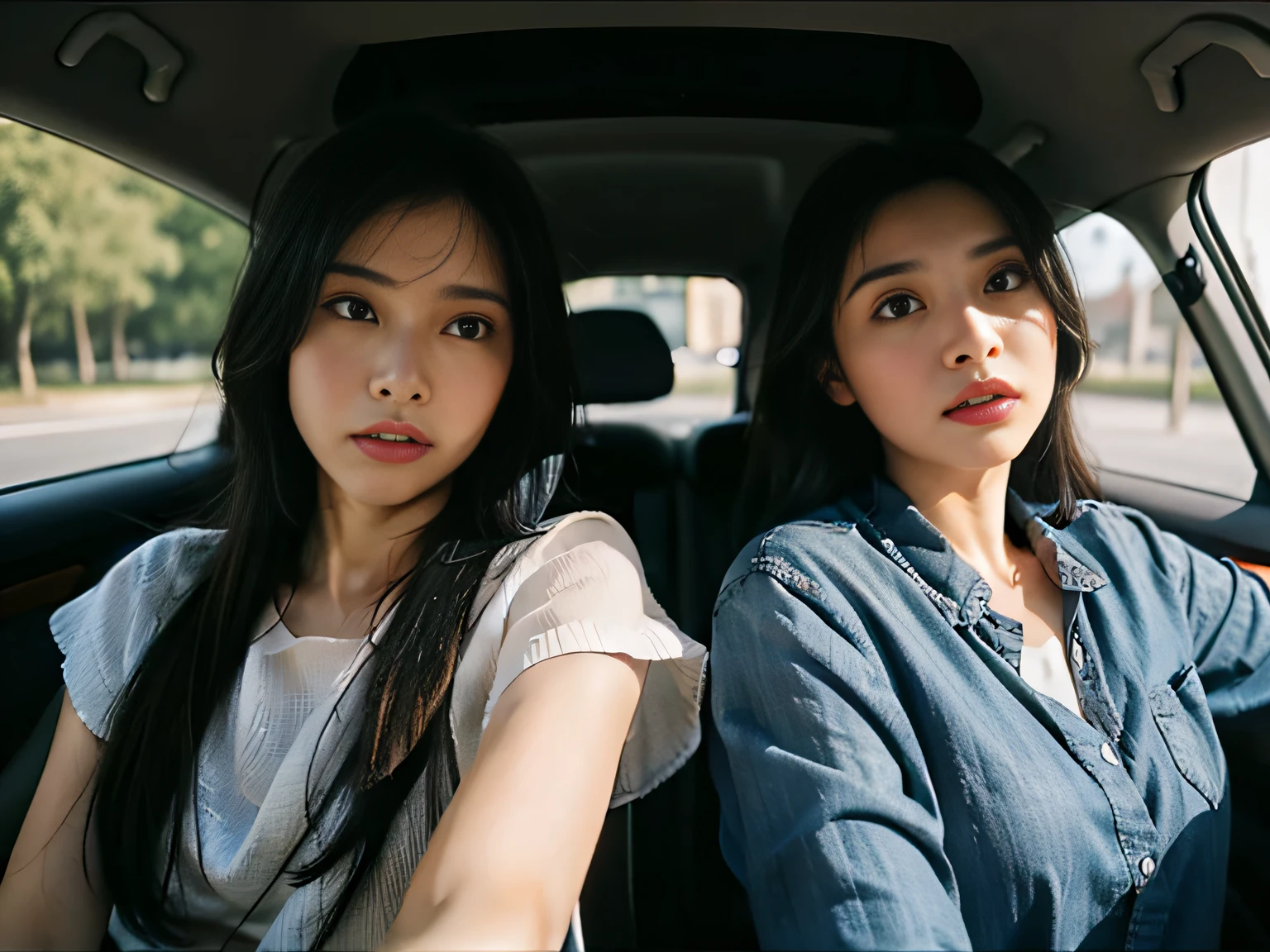 Two women sitting in the car talking，sface focus，Clear facial expressions