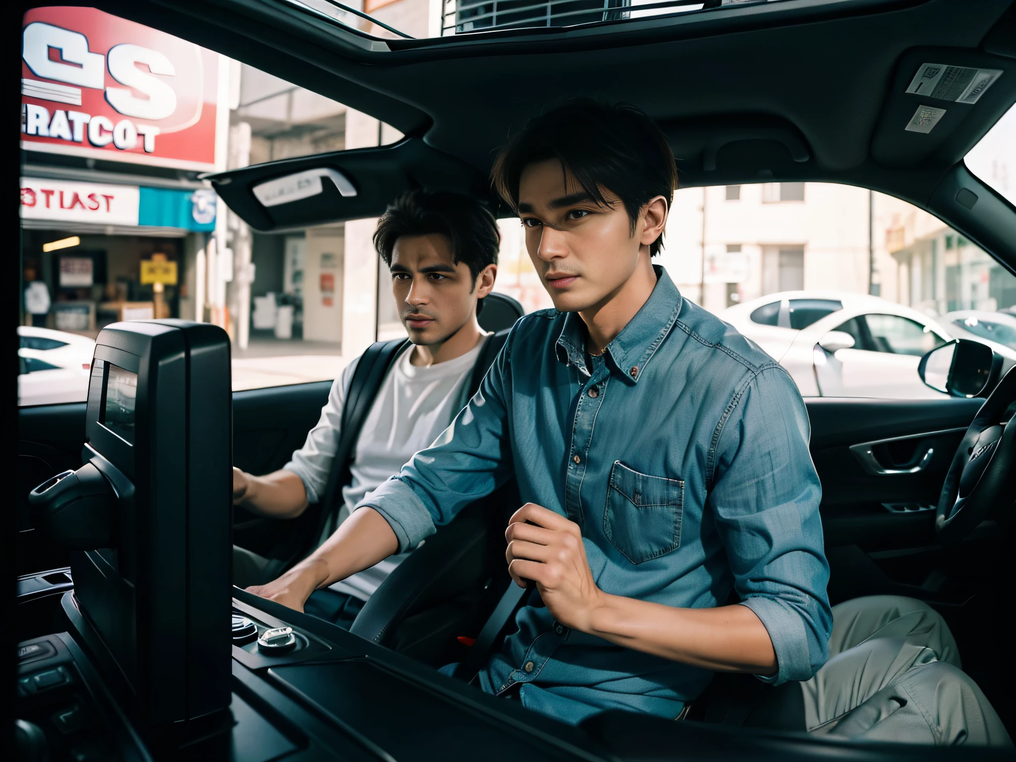 2 men,Shop for car supplies in casual wear at the auto supply supermarket,sface focus,Extreme depiction of facial detail