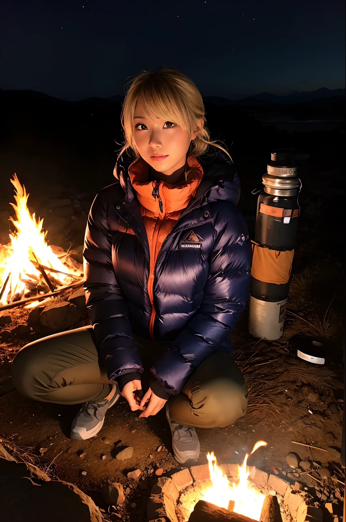 1gyaru, dark-skinned, wearing mountaineering attire, Looking at Viewer, makes a campfire in the darkness