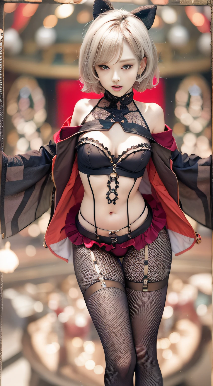 NSFW,masutepiece、4K、awardwinning photo、ighly detailed、astonishing、fine detailed、Ridiculous、extraordinarily detailed woman、extremely detailed eye and face、Dazzling eyes、wearing corset,Wearing a black garter belt and stockings,((((Spread your legs)))),squatt,(((Super small breasts)))、Slender Abs: 1.2, ((layered cut)),((small tits: 1.5)), Very fine face and skin texture, Fine eyes, Double eyelids very short hair, Very sexy red outfit、Sticky tongue, Vaginal orchid, Vaginal discharge, Squirting, Photo 4 Kodak Portra 400 camera F1。6 colorful lenses、ultra realistic textures、Dramatic lighting Unreal Engine Art Station Cinestar 800 Trend、heel、Tungsten light on stockings