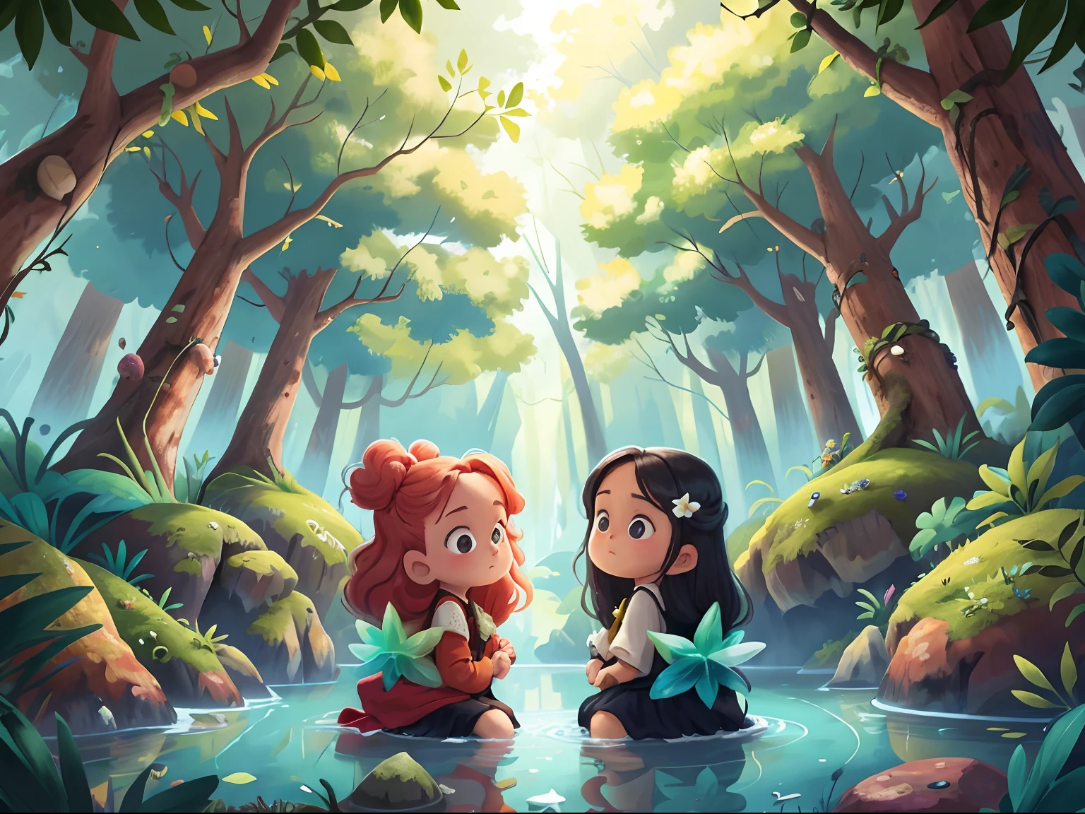 TWO SISTERS , de cabelos longos, uma de cabelos ruivos e outra de cabelos pretos, enter the forest and find a lagoon of crystal clear waters