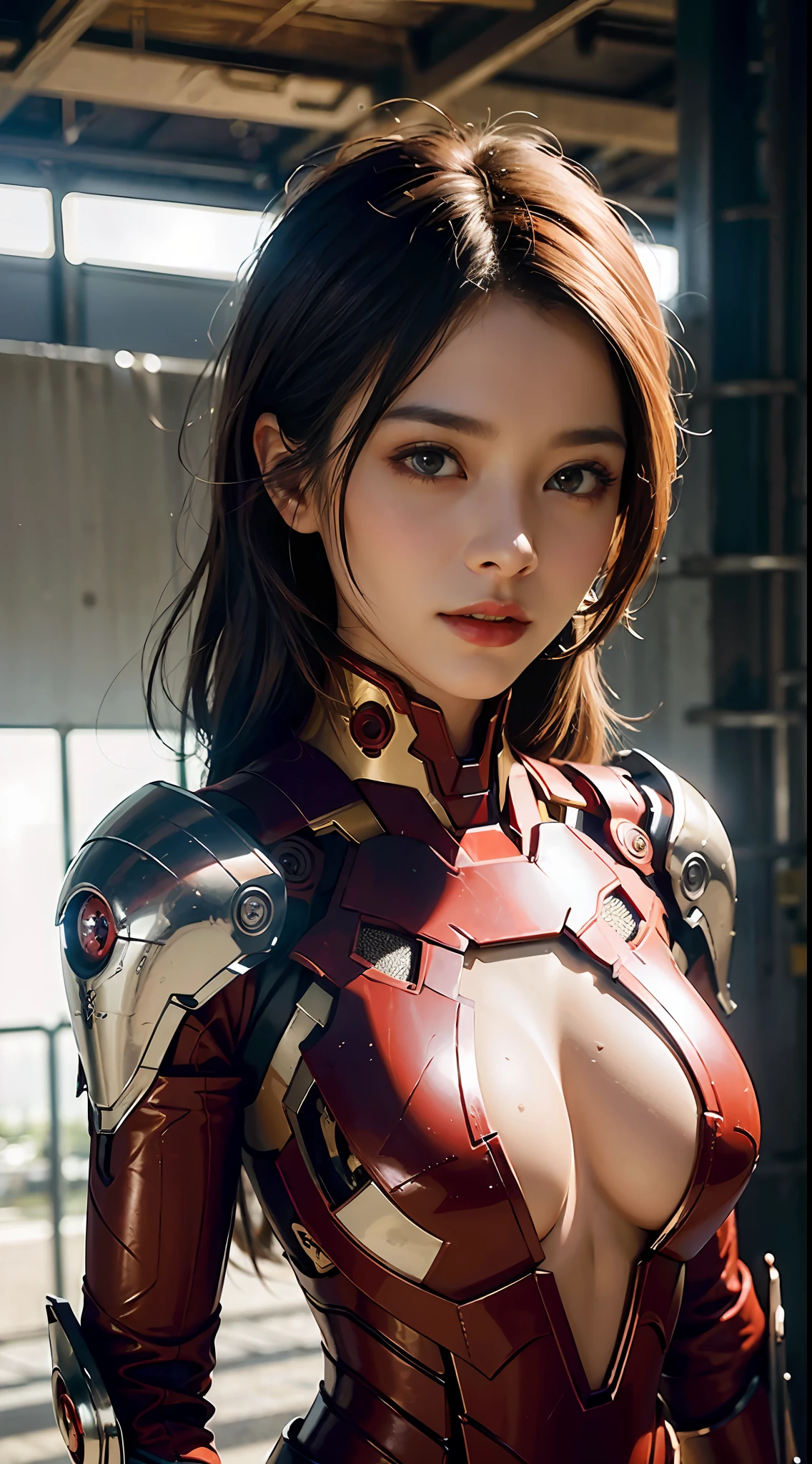 (1girll:1.3), 独奏,__Body parts__, offcial art, 统一 8k 壁纸, ultra - detailed, Beautiful and aesthetic, big breasts beautiful, tmasterpiece, Best quality at best, primitive，tmasterpiece，ultra fine photos，covered all over the body，full body armored，Mechanical armor，Iron Man armor，sportrait，cleavage，Close-up close-up，best qualtiy，超高分辨率，Photoreality，rays of sunshine，full-body portraits，stunningly beautiful，，dynamicposes，delicated face，Vibrant eyes，（seen from the side），She wears a futuristic Iron Man mech，Red and gold color scheme，Very detailed abandoned warehouse background，detailed face with，Detailed and complex busy background，Untidy，opulent，milkyW，Highly detailed skin，Realistic details of skin，Visible Pore，tack sharp focus，volume fog，8K  UHD，digital SLR camera，high qulity，filmgrain，White skin of the，photo-realism，DL，Huge metropolis in a dystopia of the future , look from down, semi transparent