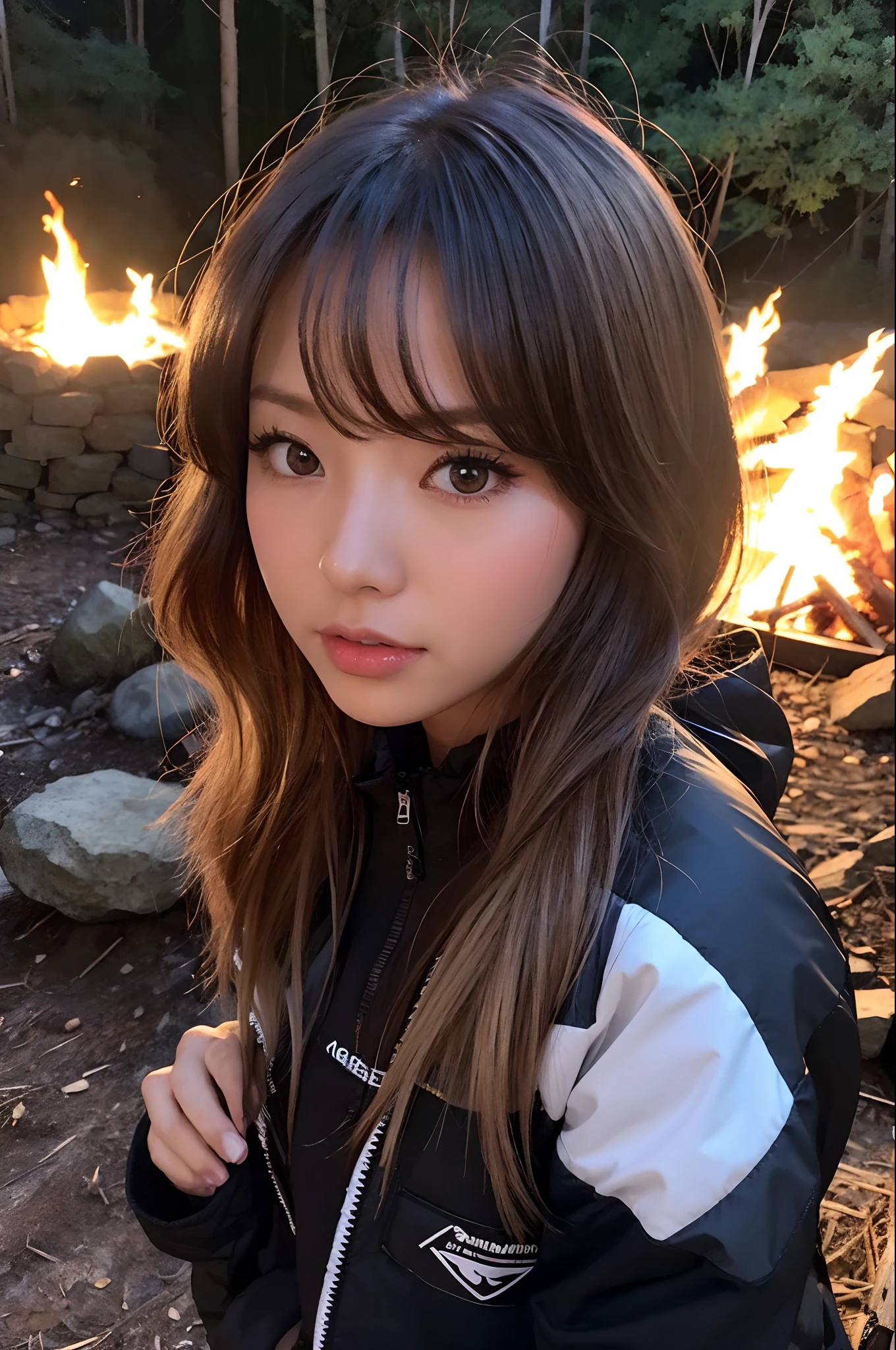 1gyaru, dark-skinned, wearing mountaineering attire, Looking at Viewer, makes a campfire in the darkness