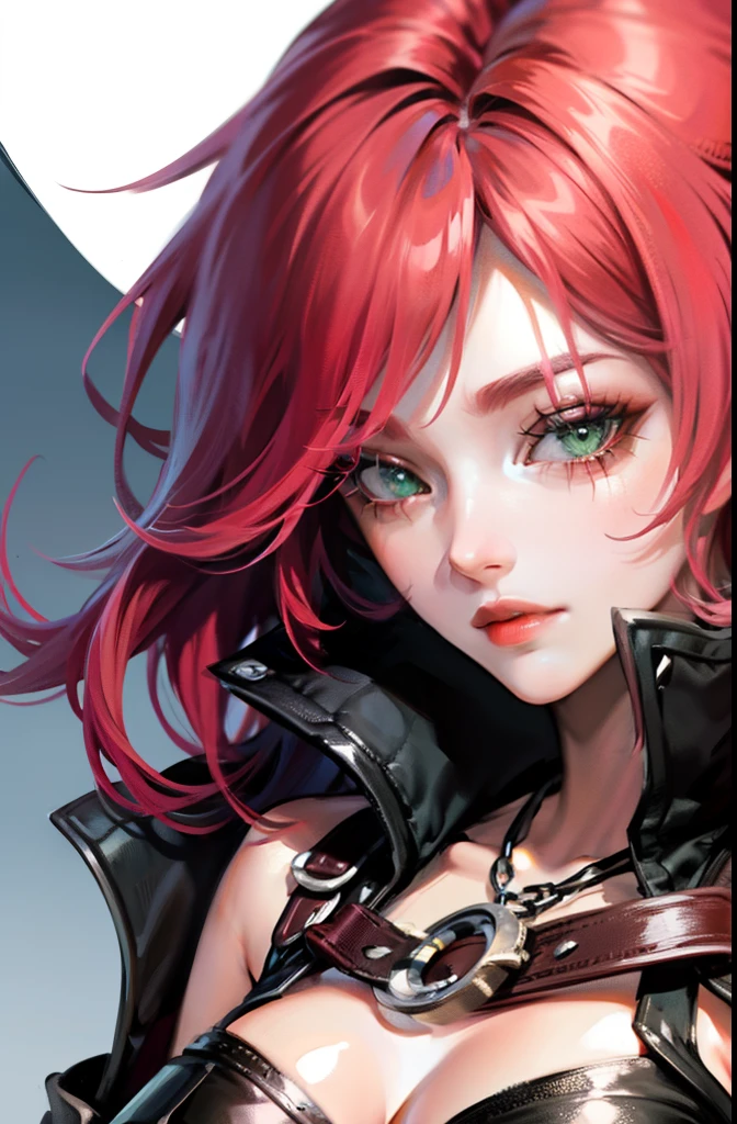 Katarina de League of Legends: 1.5), (cabelo vermelho 1.5), The character is the Katarina of League of Legends, She's holding a pink bear, Ela tem uma cicatriz grande vertical no olho esquerdo, (Grande cicatriz vertical olho esquerdo: 1.8), (extremely high quality, Amazing details:1.25), Cidade de fundo