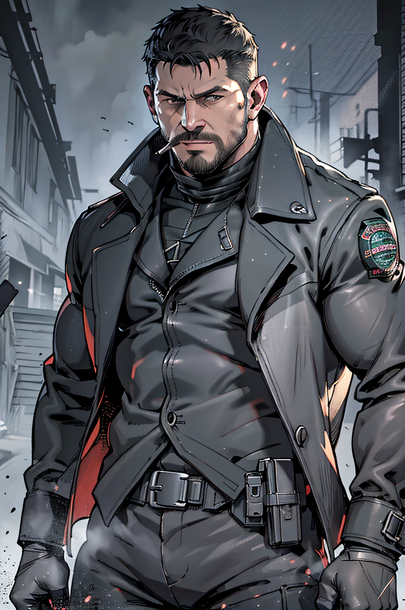 Dark gothic village in the background, old Chris Redfield from Resident Evil 8, big black trench coat, black trousers, belt, bearded, holding a rifle, cold face, video games style, high resolution:1.2, best quality, masterpiece, dark nightime, dark atmosphere, soft lighting, upper body shot, cigarette in mouth