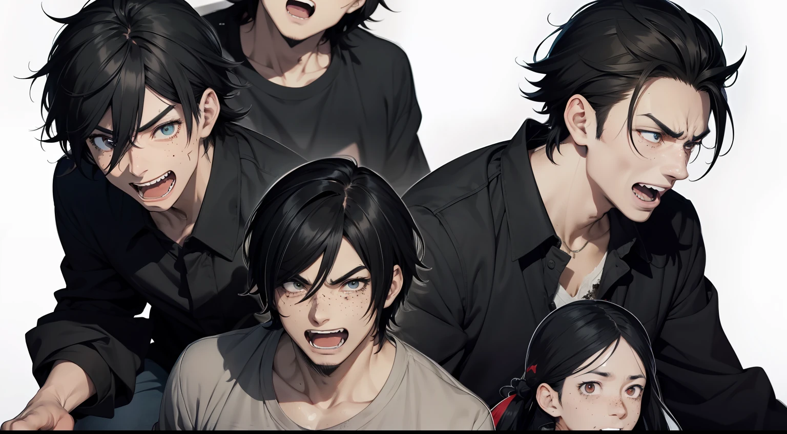 Anime male，black color hair，exaggerated facial expression，big laughter，shifty，and freckles on his face，Eyes of different sizes，The clothes are tattered，Streets，(China-style)