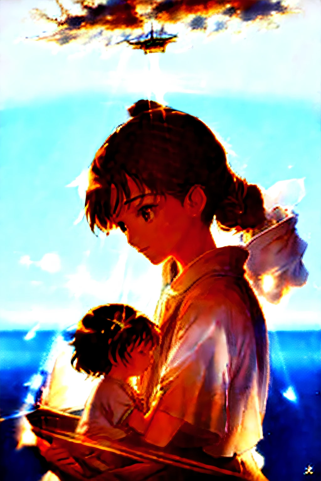 Masterpiece, Woman and Child, Virgin Mary Holding Little Boy in Arms, Aura on Head, Smile, Heavenly Sky, Half Body, ((Divine Light)), Ethereal, Clouds, Backlight, Realistic Portrait, Symmetry, Strong, Complex Painting, Highly Detailed, Digital Painting, Art Station, Concept Art, Fluid, Sharp Focus, Illustration, Gate to Heaven, Film Lighting, Works by Artgerm and Greg Rutkowski and Alphonse Muya