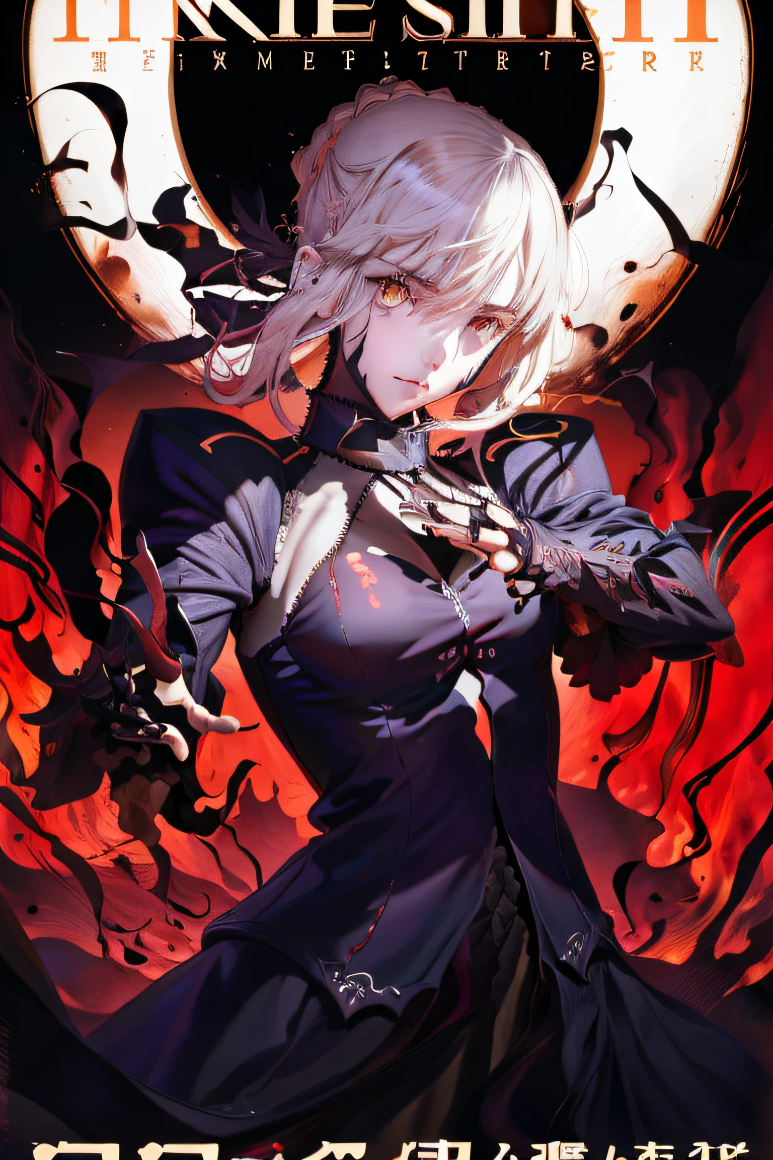 anime poster of a woman in a black dress with a clock in the background, staring at viewer, gapmoe yandere grimdark, official artwork, portrait gapmoe yandere grimdark, 2b, 2 b, fate grand order, artoria pendragon, ❤🔥🍄🌪, shalltear bloodfallen, fate / stay night, helltaker, official art, l vampire