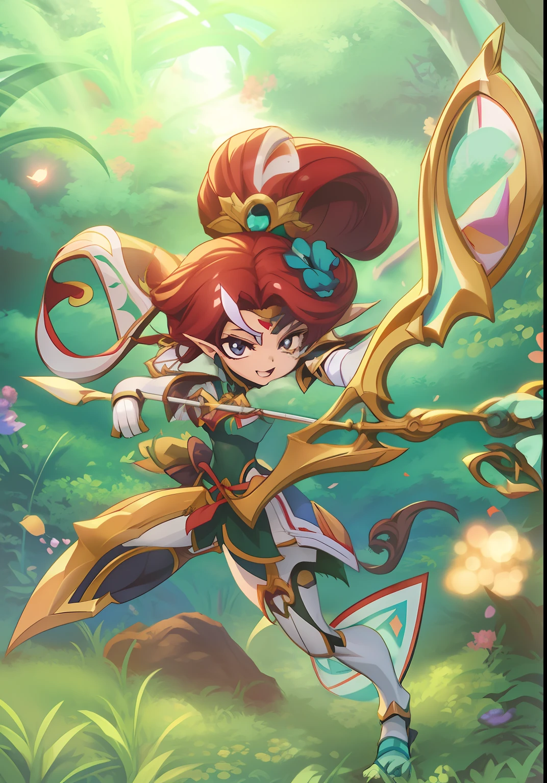 Anime girl with bow and arrow in the forest, anime girl with a bow and arrow, female forest archer, alluring elf princess knight, full art, by Yang J, elf princess knight, high detailed official artwork, Portrait Chevaliers du Zodiaque Fille, magical longbow, offcial art, Anime fantasy illustration, Anime fantasy artwork, 2. 5 D CGI anime fantasy artwork